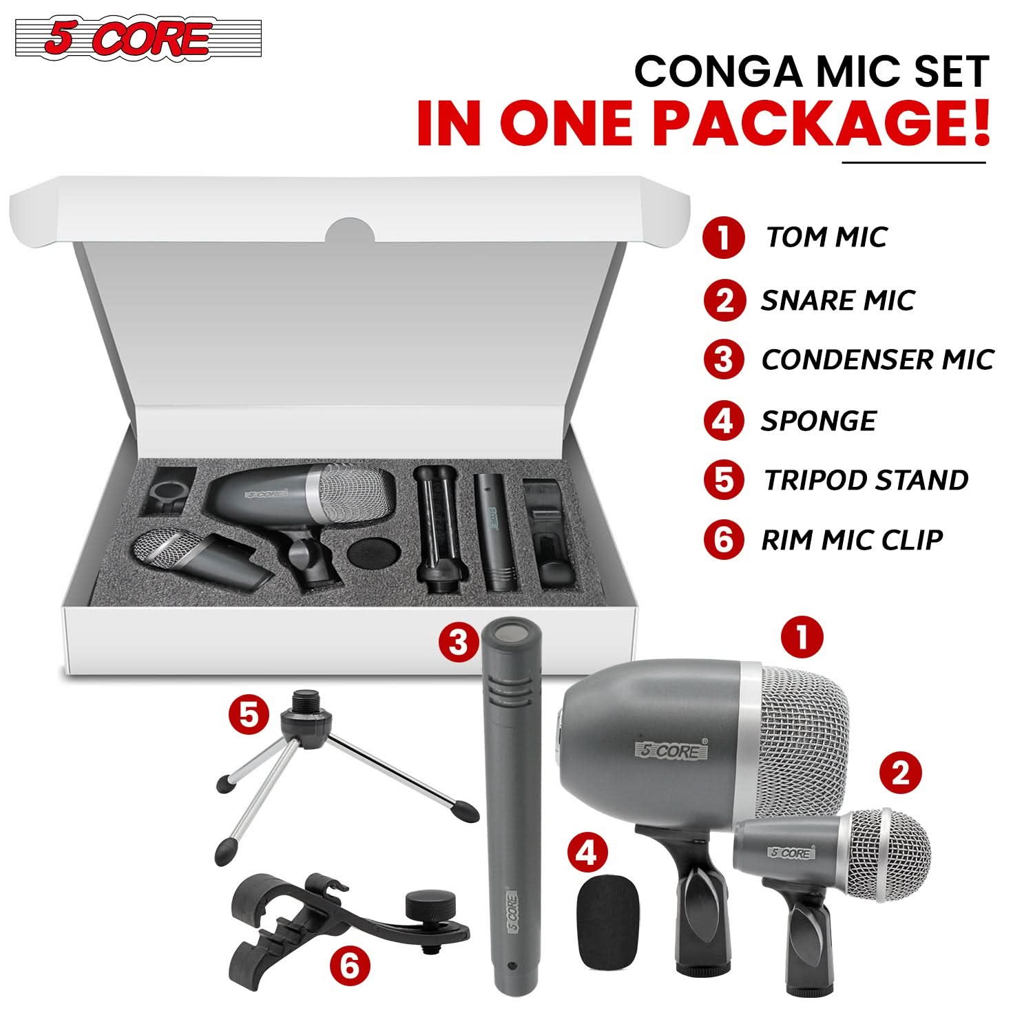 5Core Conga Mic Snare Tom Microphone with XLR connection, designed for professional sound quality and durability.