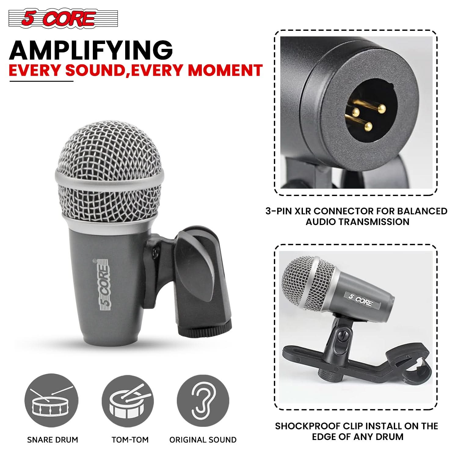 5Core Conga Mic Snare Tom Microphone with XLR connection, designed for professional sound quality and durability.