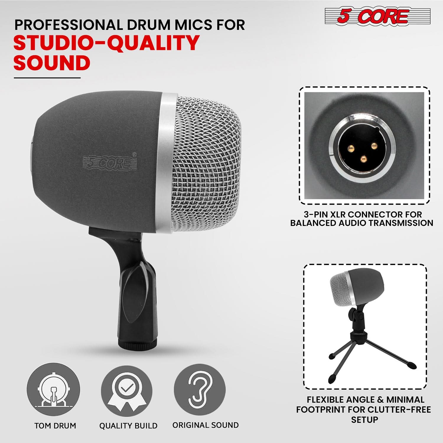 5Core Conga Mic Snare Tom Microphone with XLR connection, designed for professional sound quality and durability.
