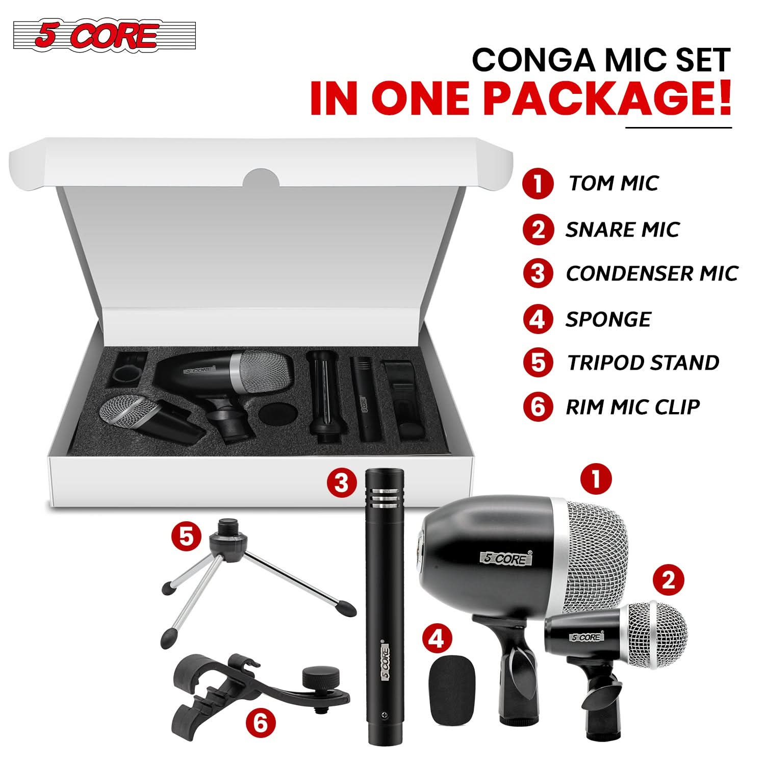 5Core Conga Mic Snare Tom Microphone with XLR connection, designed for professional sound quality and durability.