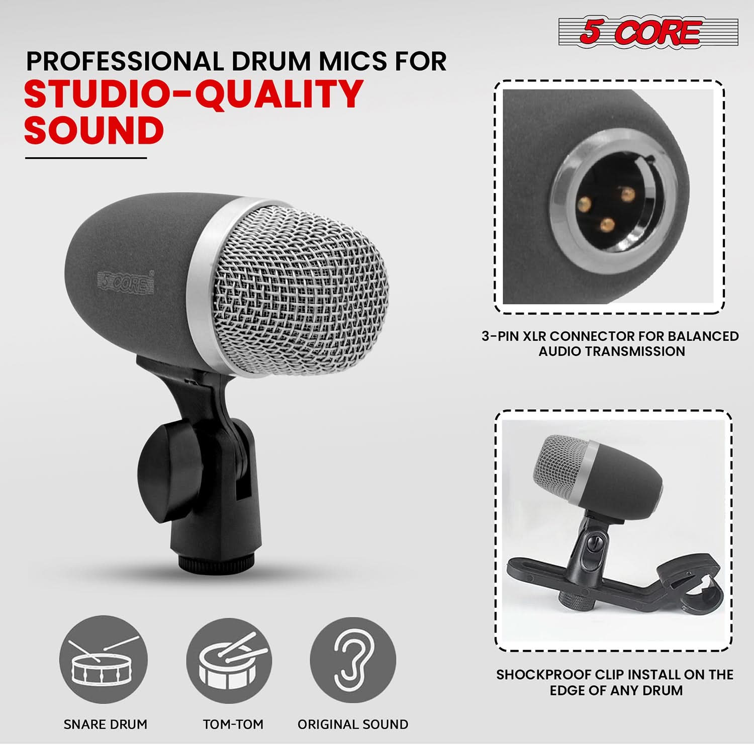 5Core Conga Mic Snare Tom Microphone set with accessories including mic holder, tripod, and windscreen, designed for professional audio recording.