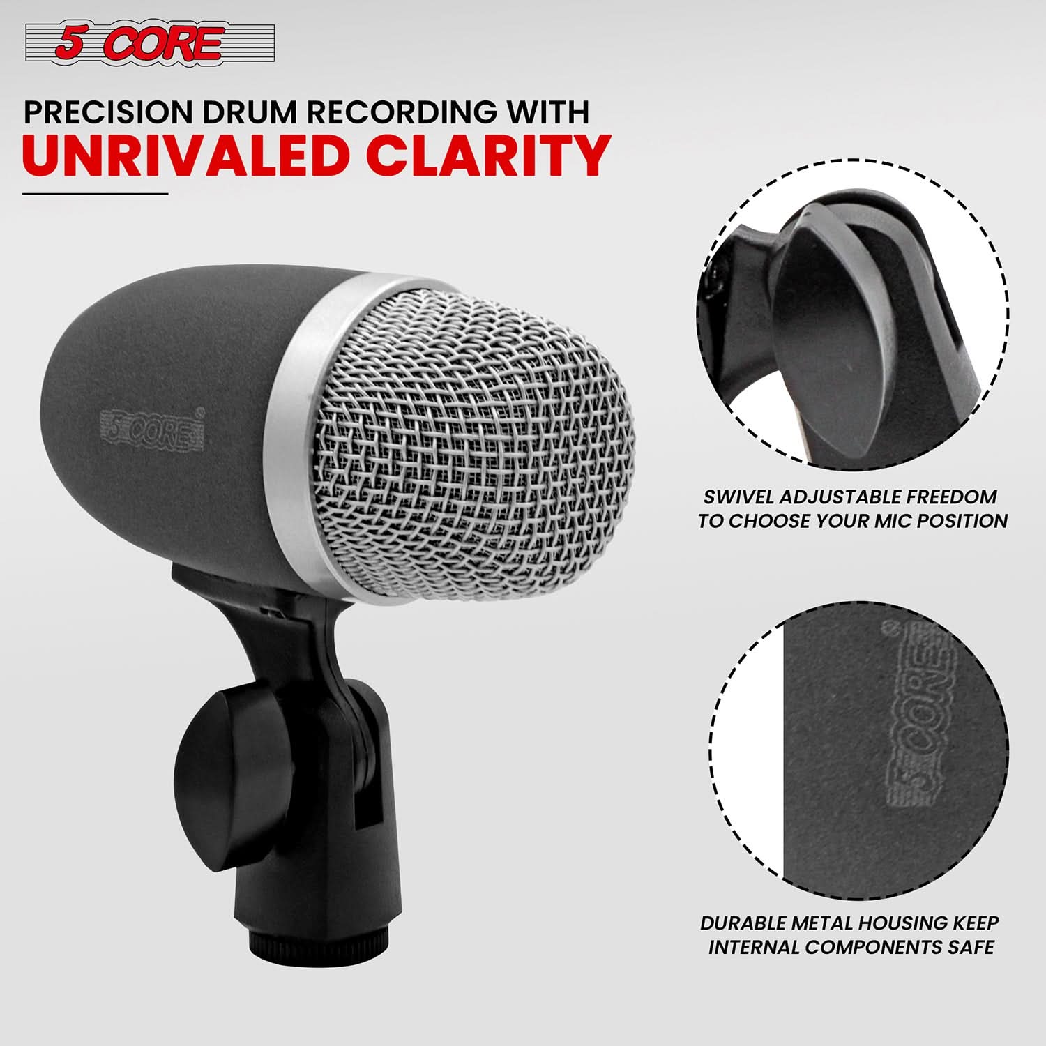 5Core Conga Mic Snare Tom Microphone set with accessories including mic holder, tripod, and windscreen, designed for professional audio recording.