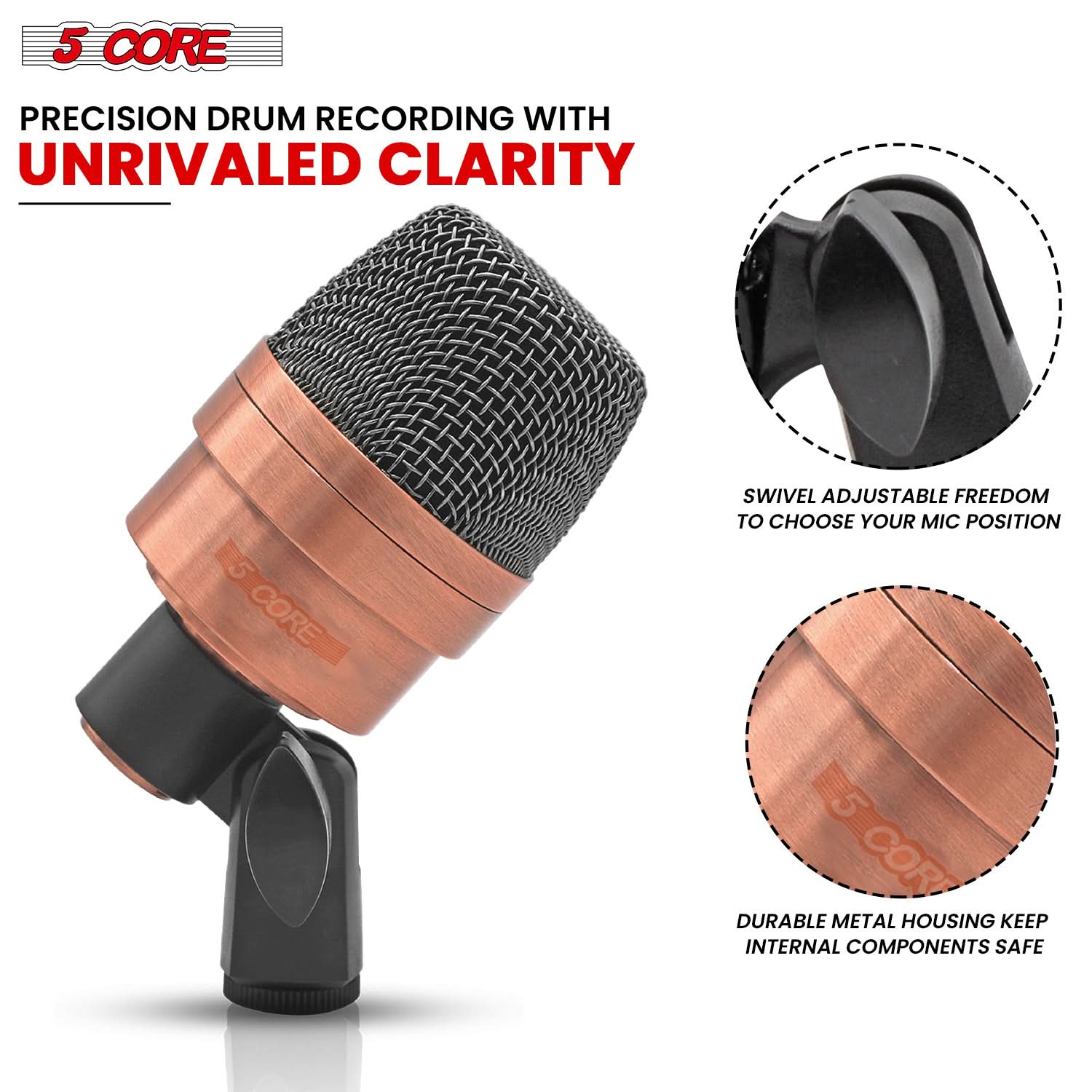 5Core Conga Mic Snare Tom Microphone set with accessories including mic holder, tripod, and windscreen, designed for professional audio recording.