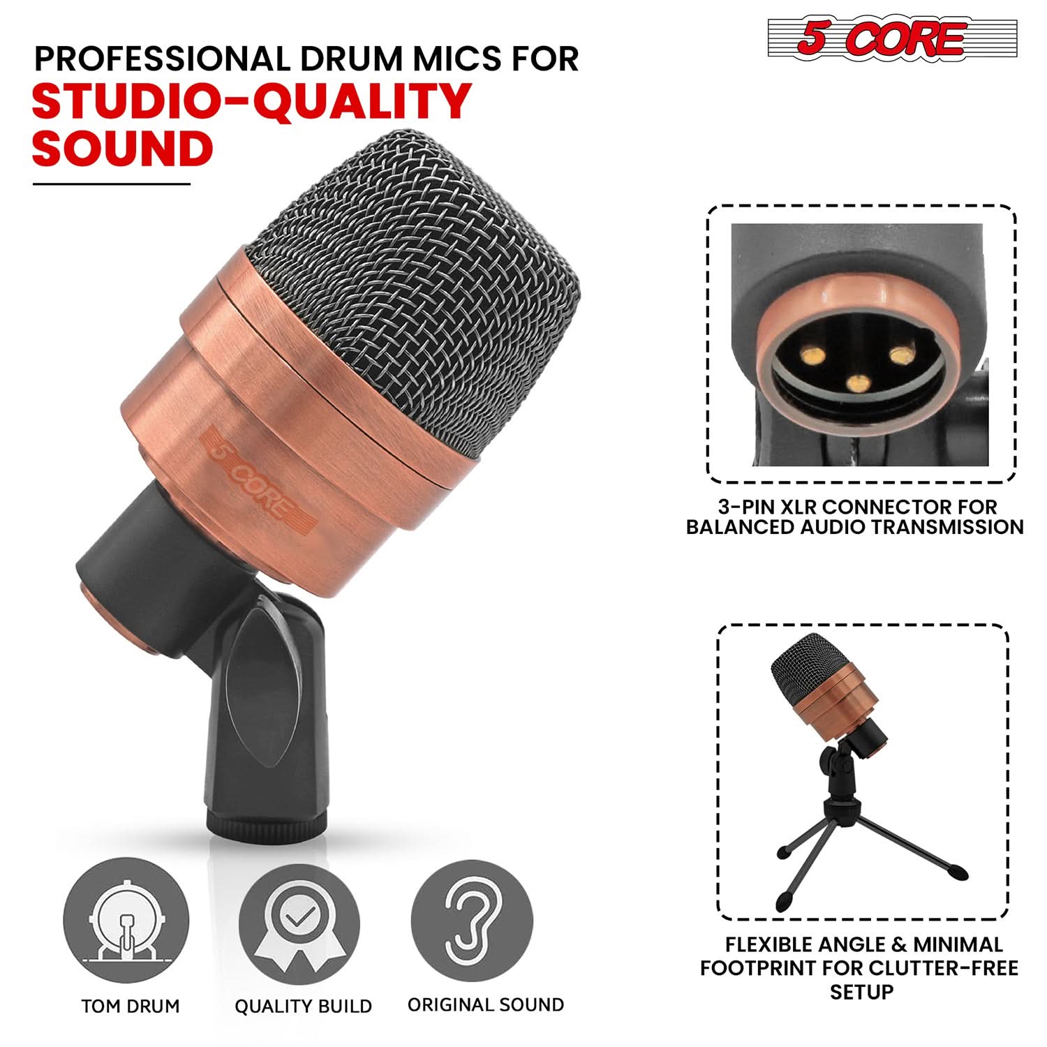 5Core Conga Mic Snare Tom Microphone set with accessories including mic holder, tripod, and windscreen, designed for professional audio recording.