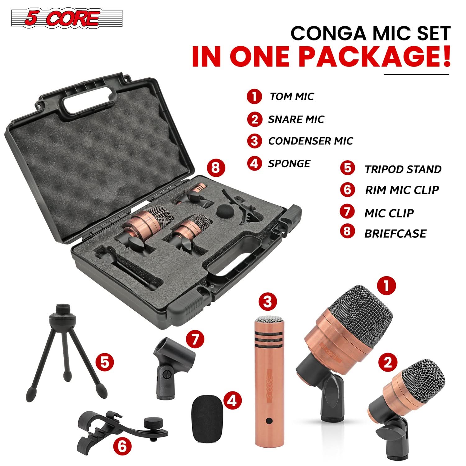 5Core Conga Mic Snare Tom Microphone set with accessories including mic holder, tripod, and windscreen, designed for professional audio recording.