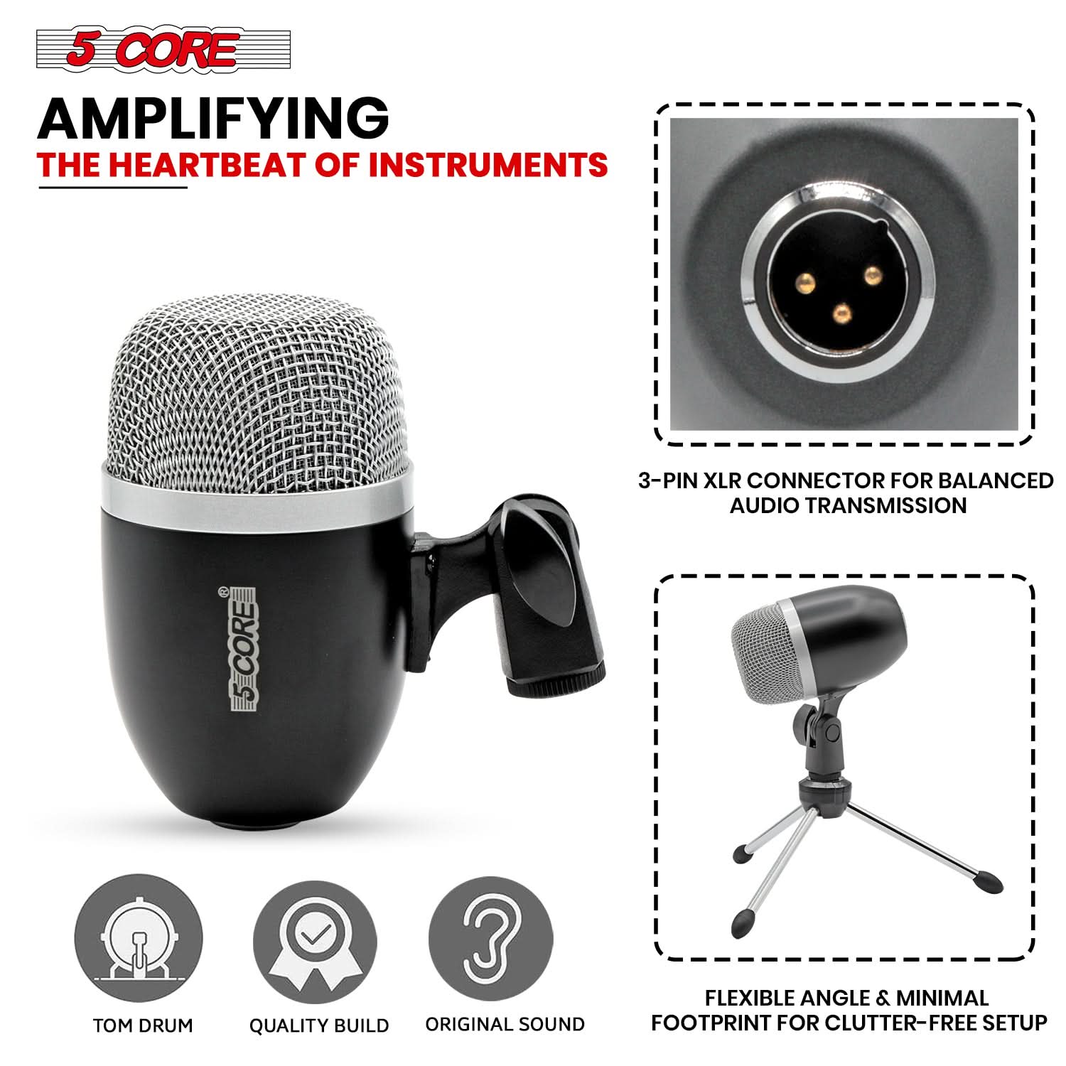 5Core Conga Mic Snare Tom Microphone set with accessories including mic holder, tripod, and windscreen, designed for professional audio recording.