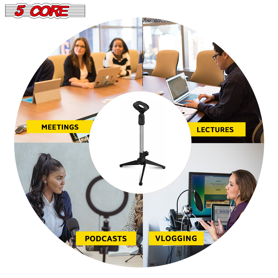 5Core Desktop Mic Stand Tripod with adjustable height and stable tripod base, suitable for various microphone models.