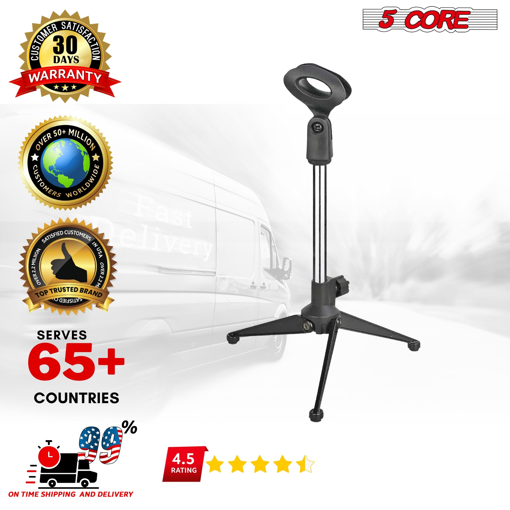 5Core Desktop Mic Stand Tripod with adjustable height and stable tripod base, suitable for various microphone models.