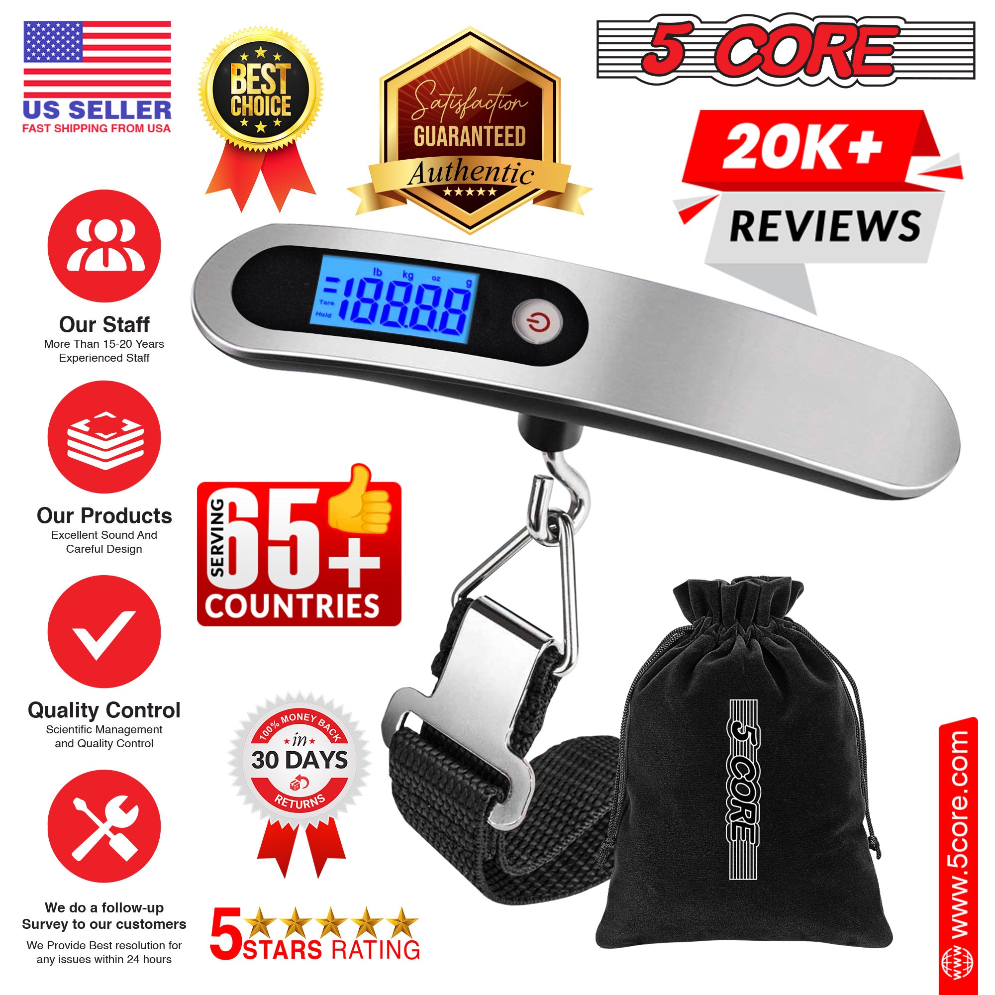 5Core Digital Luggage Scale with LCD display, designed for accurate weight measurement of travel bags and luggage.