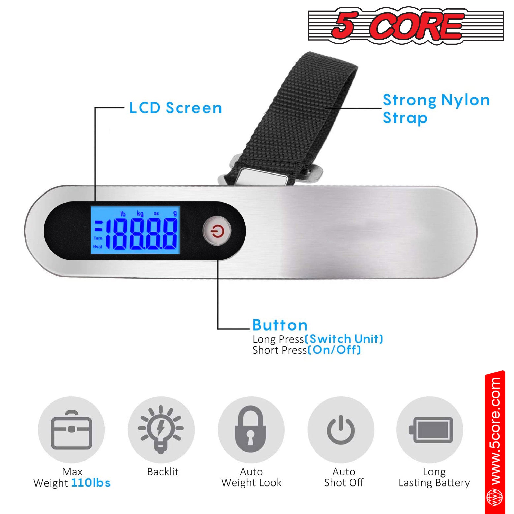 5Core Digital Luggage Scale with LCD display, designed for accurate weight measurement of travel bags and luggage.