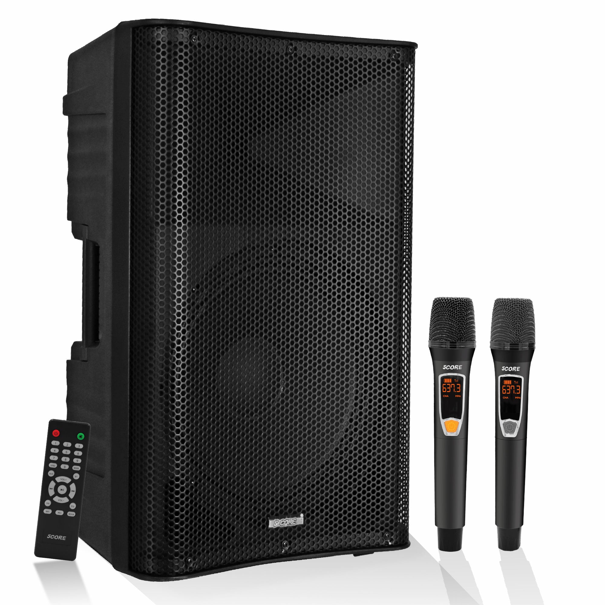 5Core DJ Bluetooth Party Speaker showcasing a 12-inch subwoofer and wireless microphones, designed for karaoke and events.