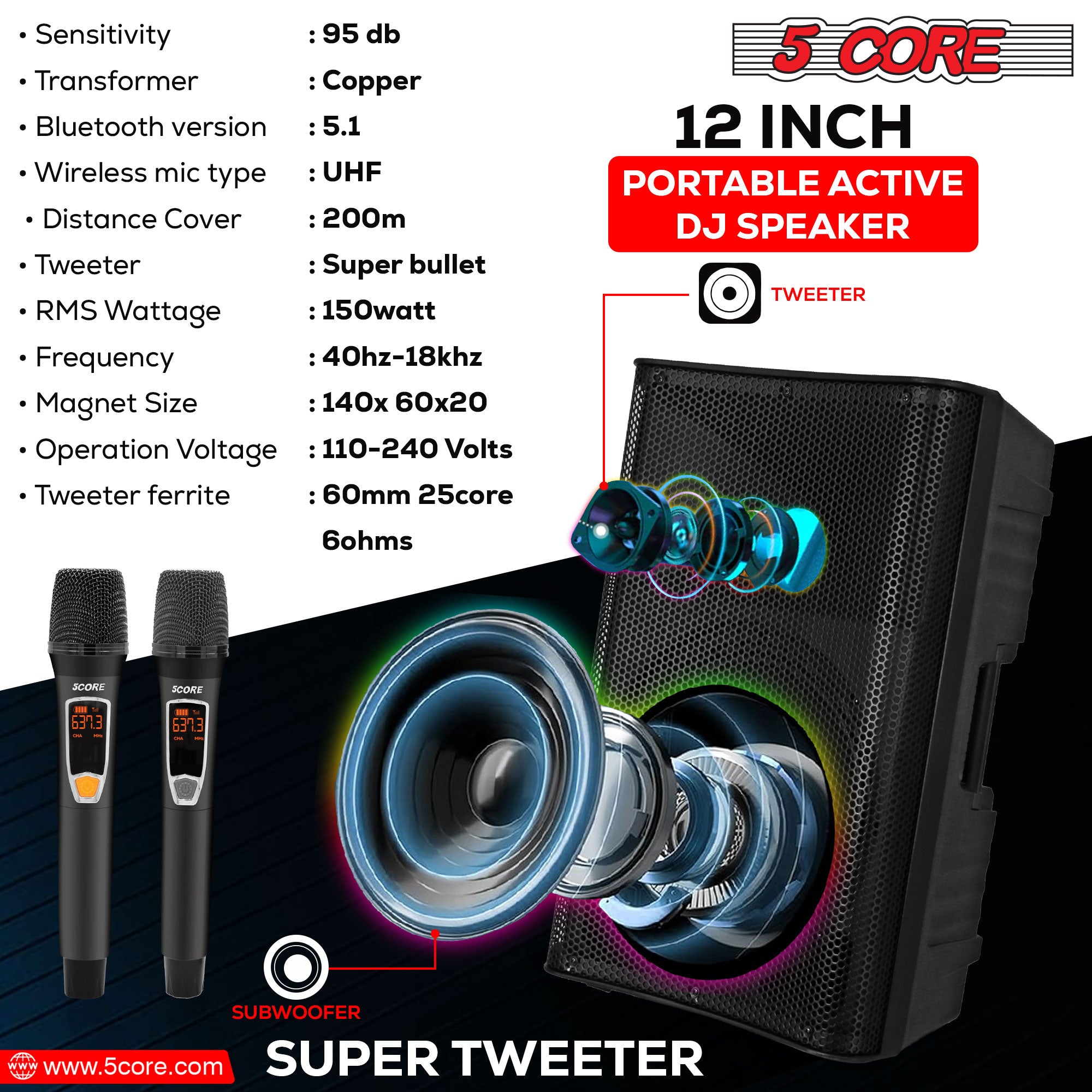 5Core DJ Bluetooth Party Speaker showcasing a 12-inch subwoofer and wireless microphones, designed for karaoke and events.