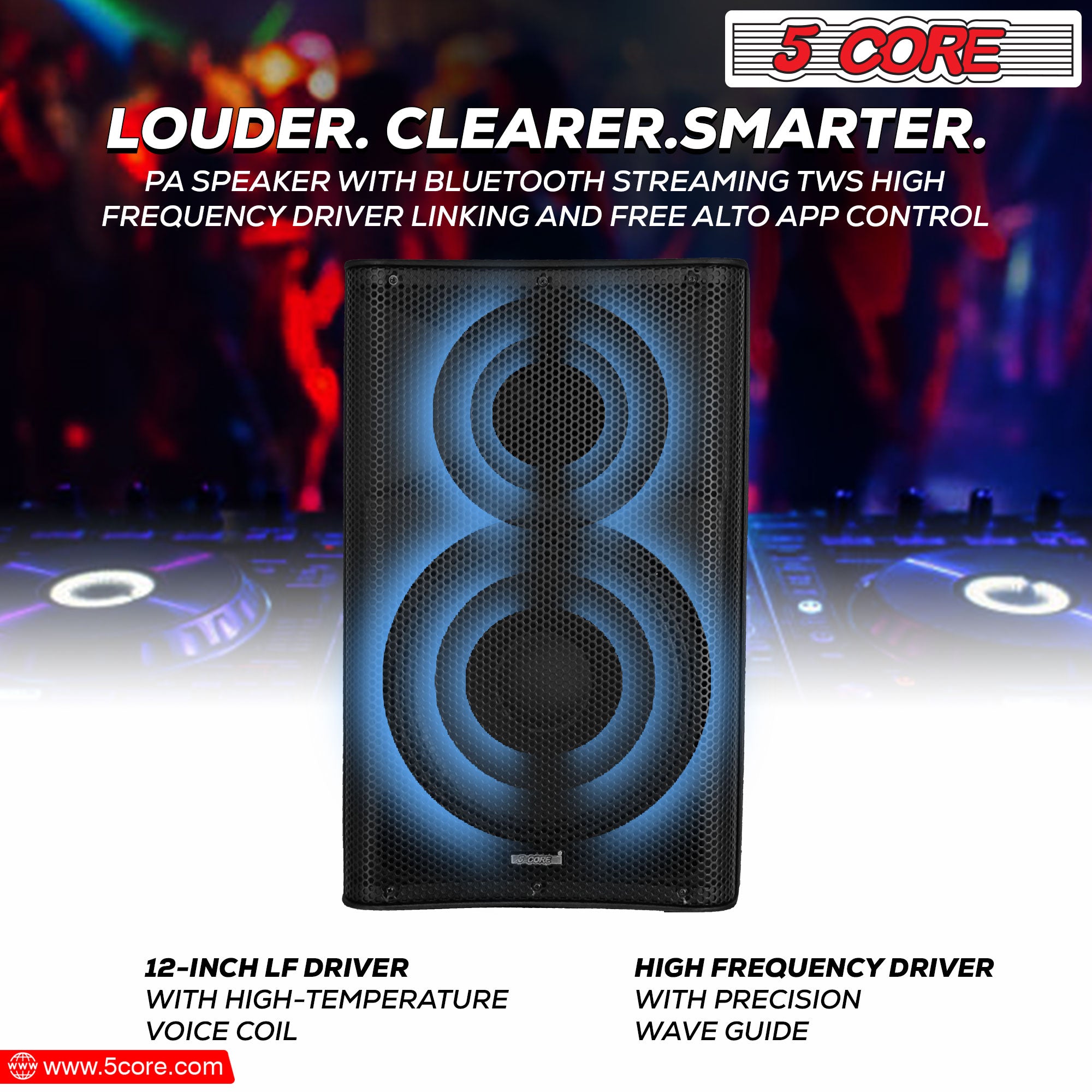 5Core DJ Bluetooth Party Speaker showcasing a 12-inch subwoofer and wireless microphones, designed for karaoke and events.