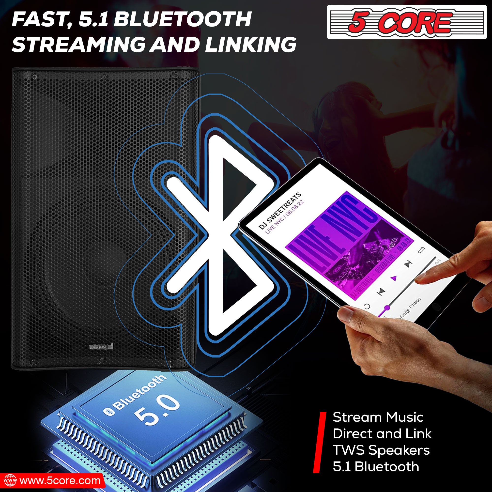 5Core DJ Bluetooth Party Speaker showcasing a 12-inch subwoofer and wireless microphones, designed for karaoke and events.
