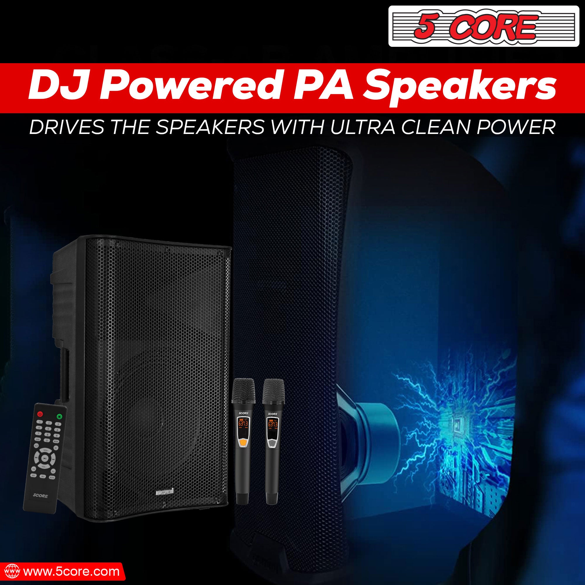 5Core DJ Bluetooth Party Speaker showcasing a 12-inch subwoofer and wireless microphones, designed for karaoke and events.