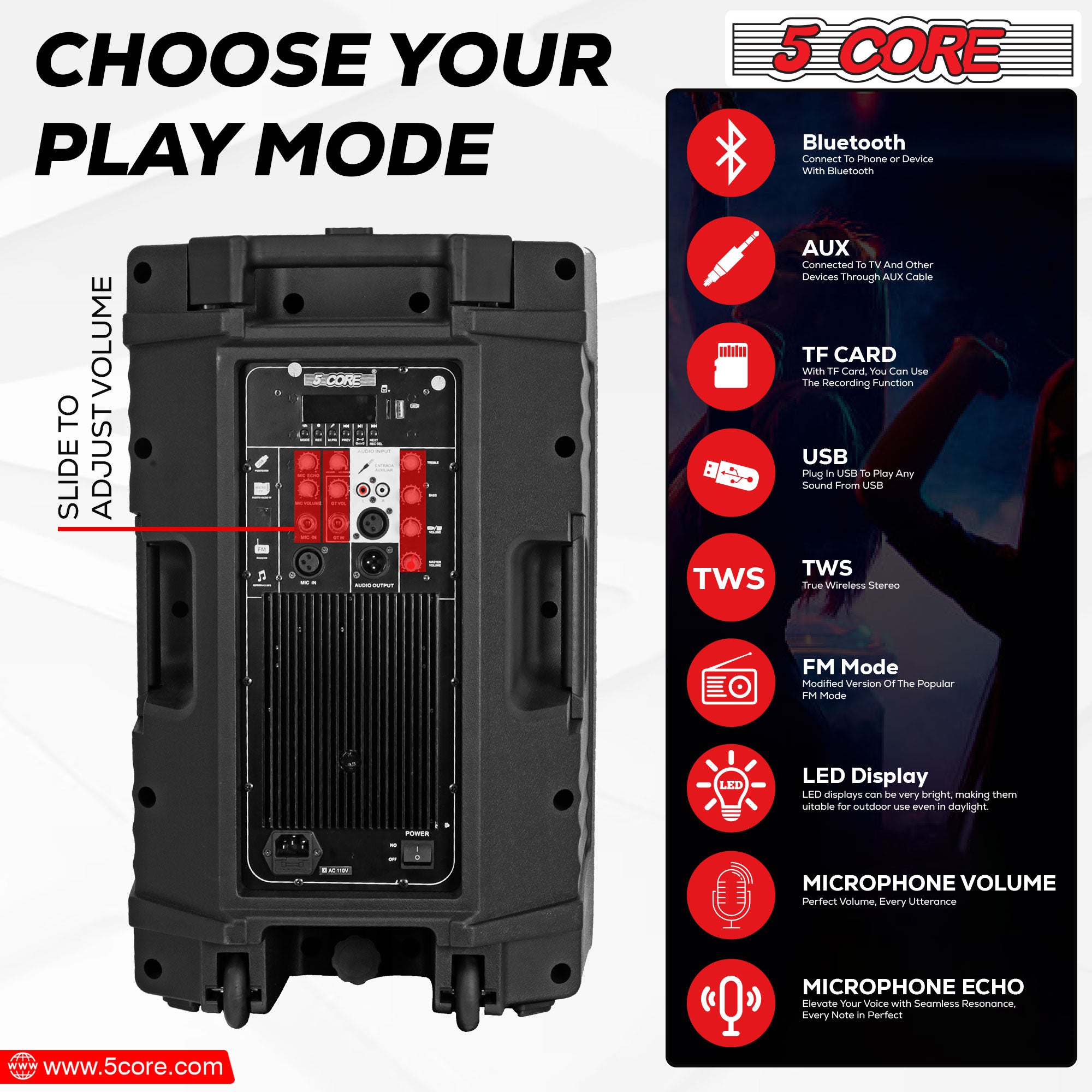 5Core DJ Bluetooth Party Speaker showcasing a 12-inch subwoofer and wireless microphones, designed for karaoke and events.