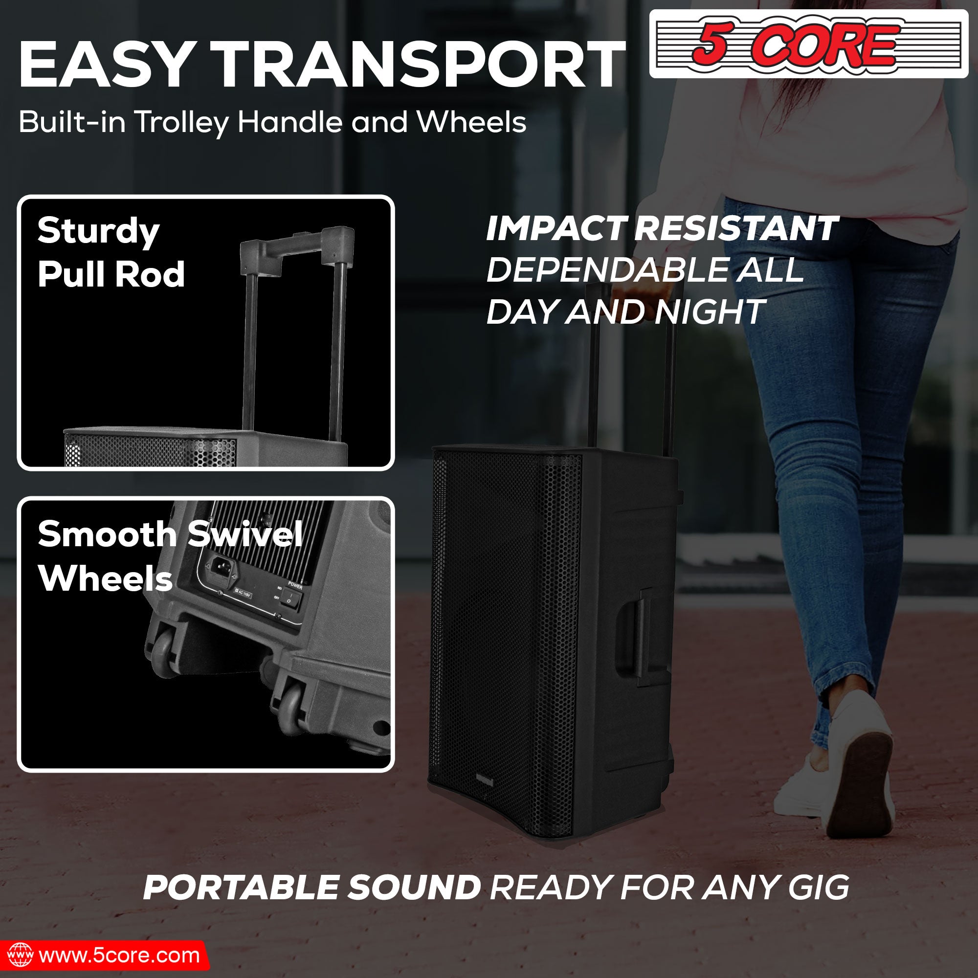 5Core DJ Bluetooth Party Speaker showcasing a 12-inch subwoofer and wireless microphones, designed for karaoke and events.