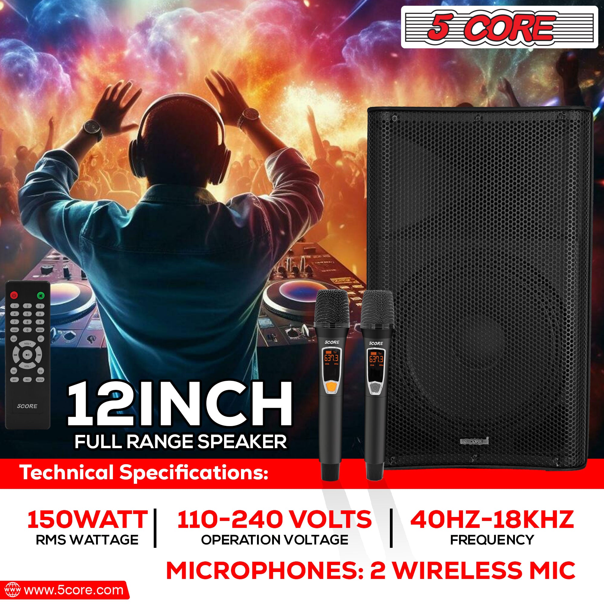 5Core DJ Bluetooth Party Speaker showcasing a 12-inch subwoofer and wireless microphones, designed for karaoke and events.