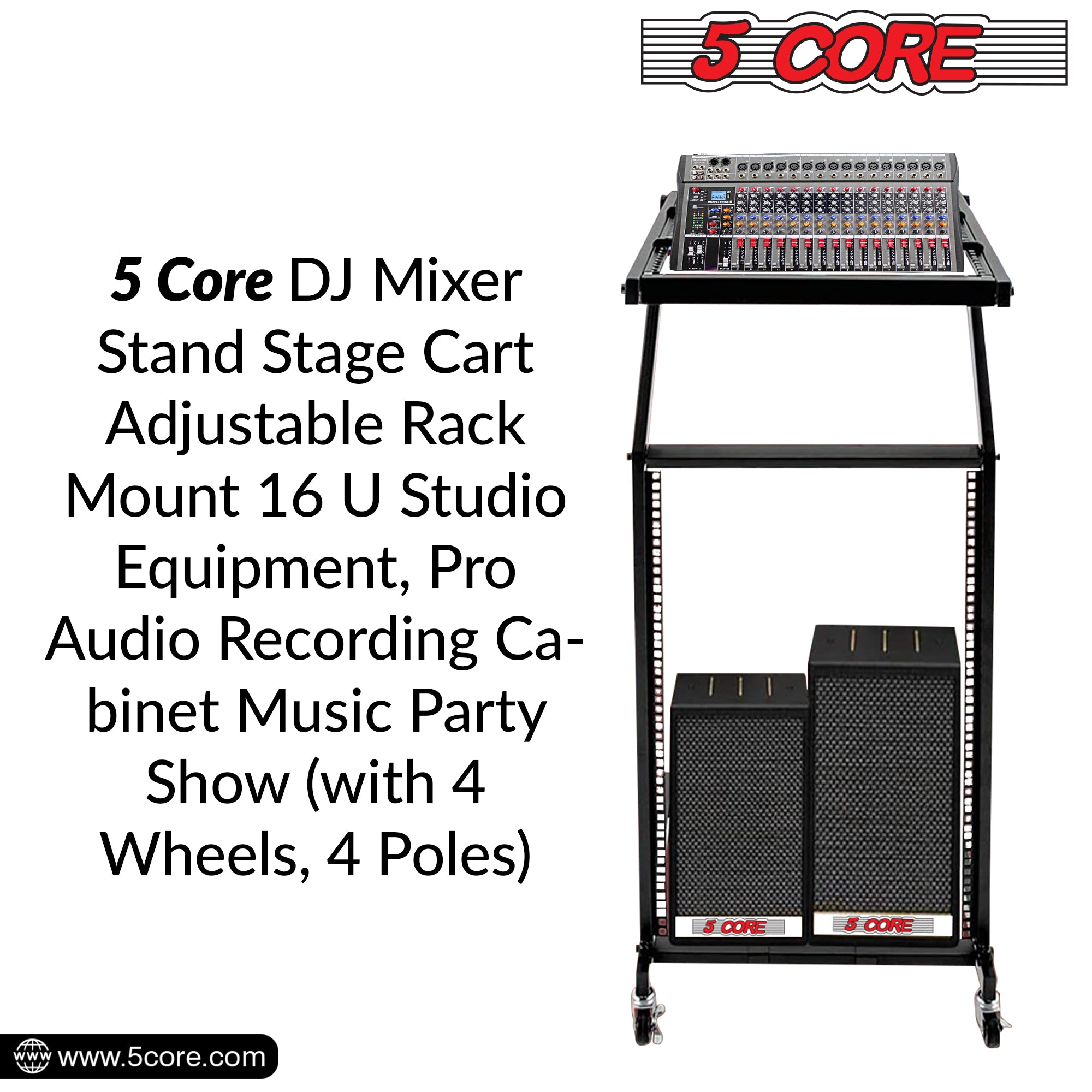 5Core DJ Mixer Stand showcasing its adjustable platforms and sturdy metal construction, designed for professional audio setups.