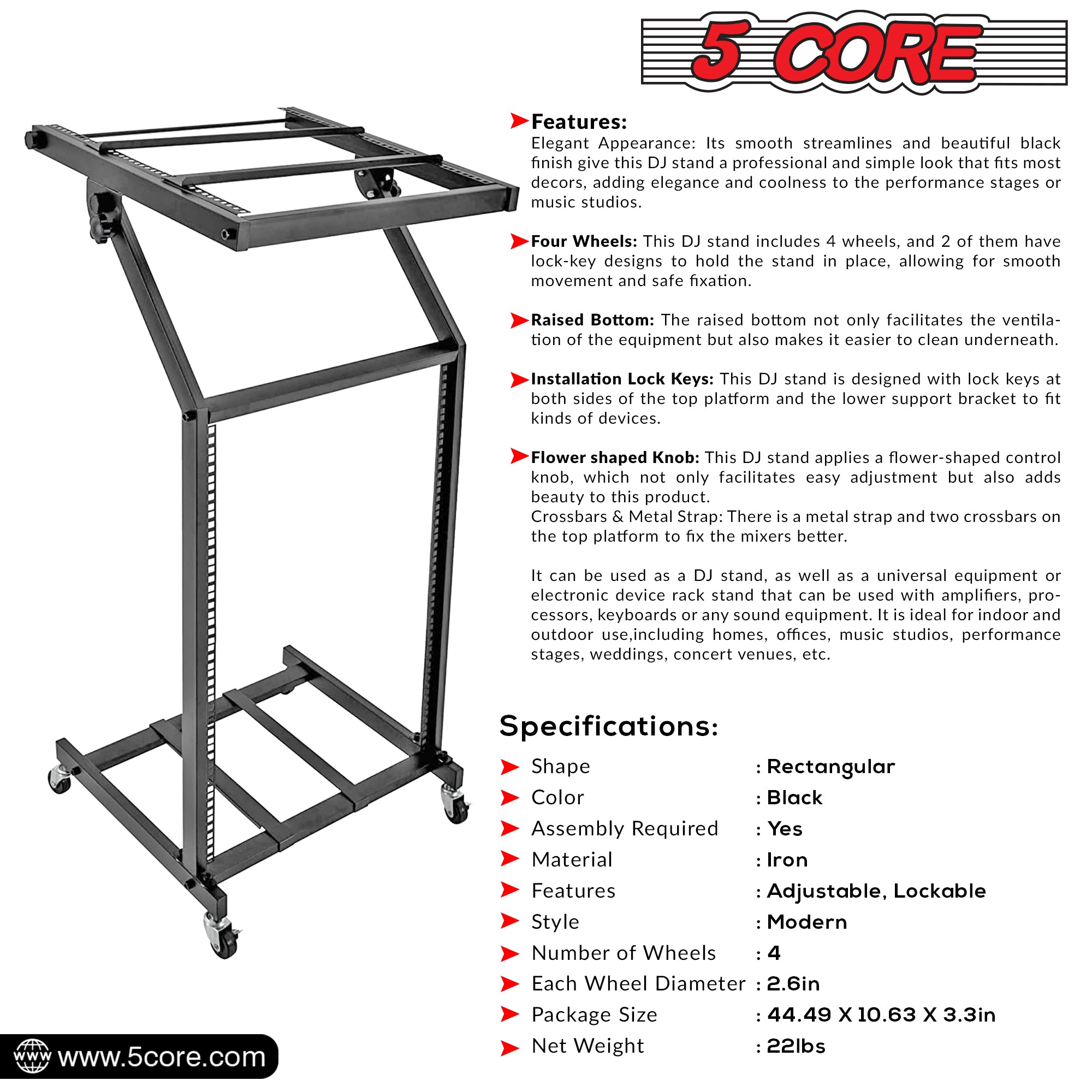 5Core DJ Mixer Stand showcasing its adjustable platforms and sturdy metal construction, designed for professional audio setups.