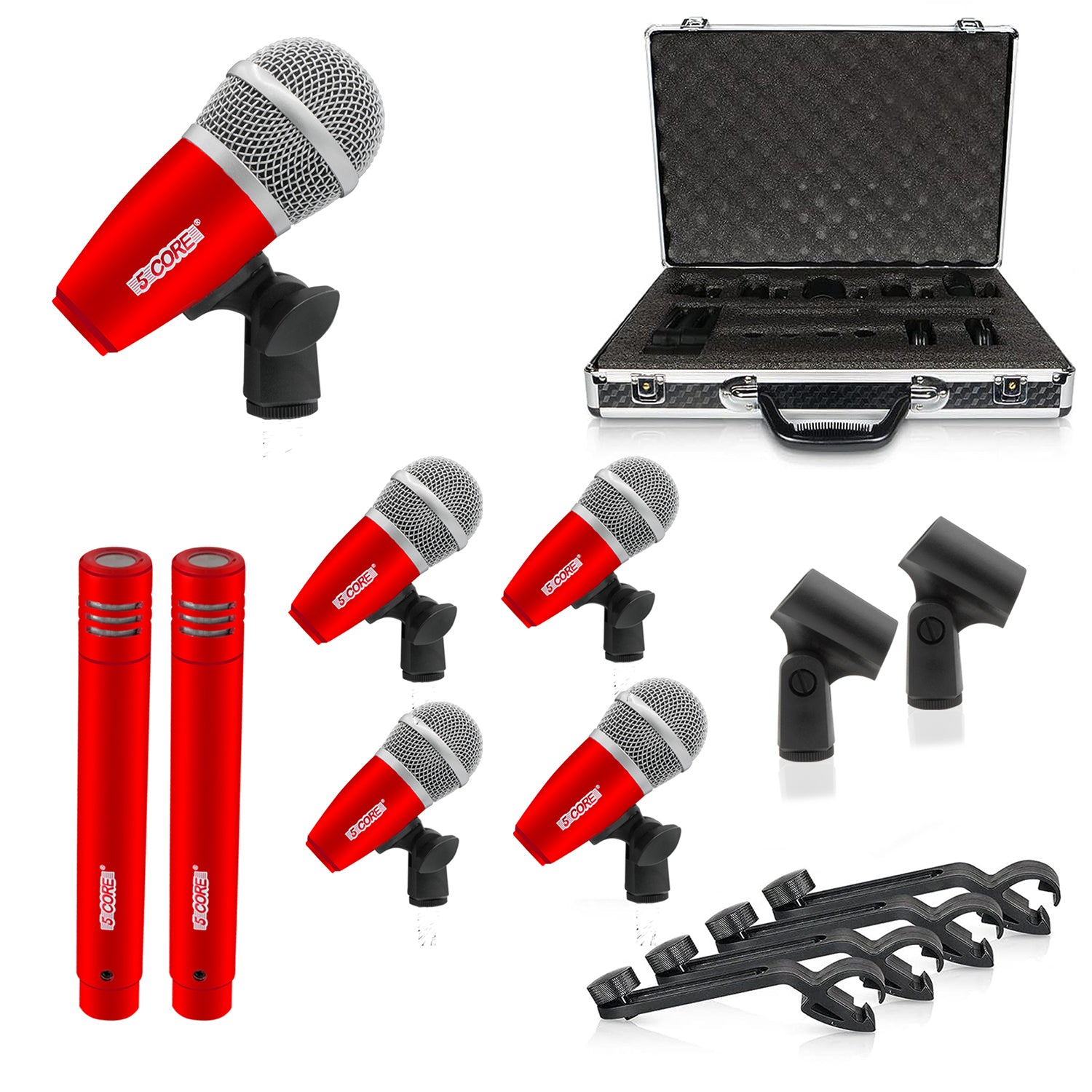 5Core Drum Mic Kit featuring 7 dynamic microphones for kick, tom, snare, and overhead recording, all housed in a protective carry case.