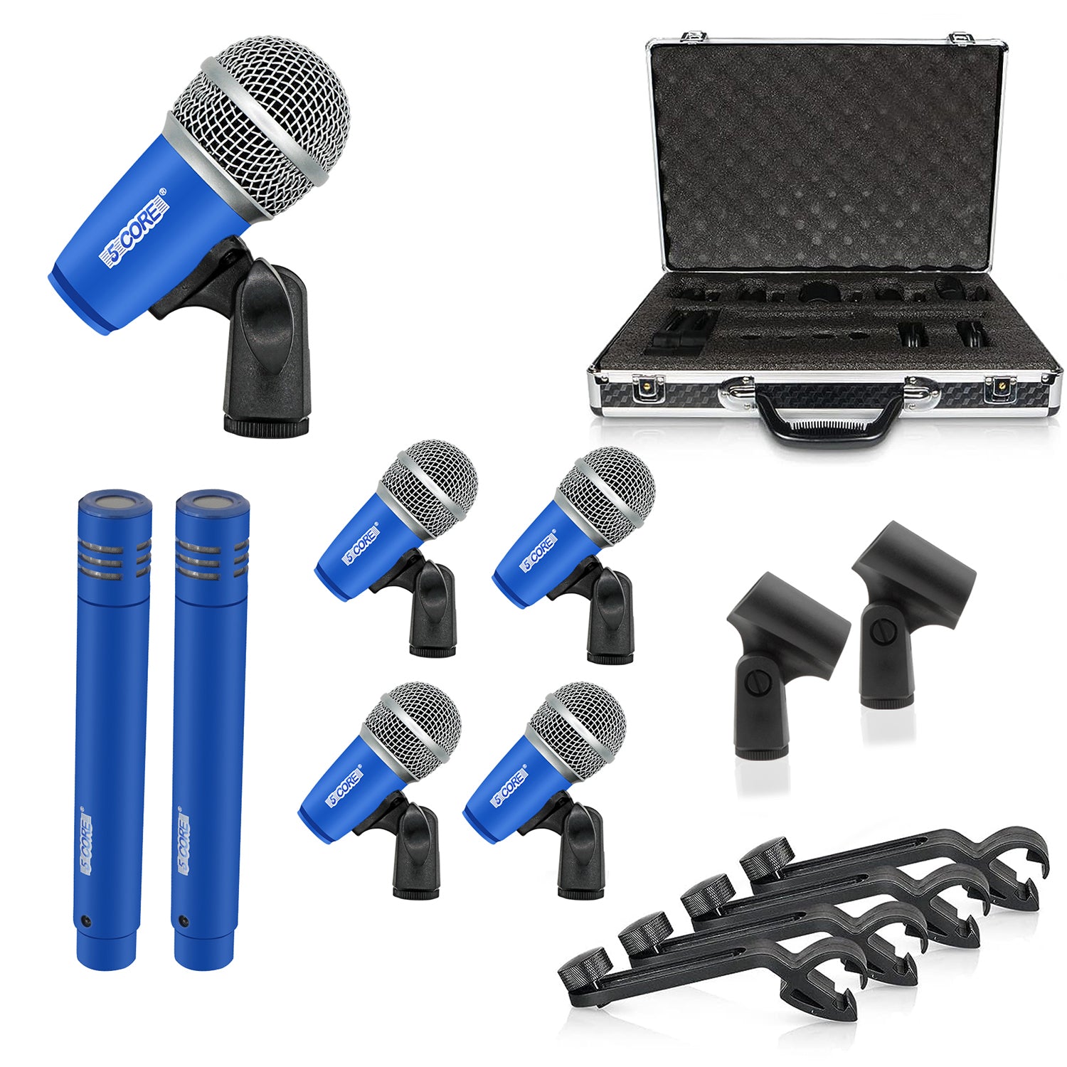 5Core Drum Mic Kit featuring 7 dynamic microphones for kick, tom, snare, and overhead recording, all housed in a protective carry case.