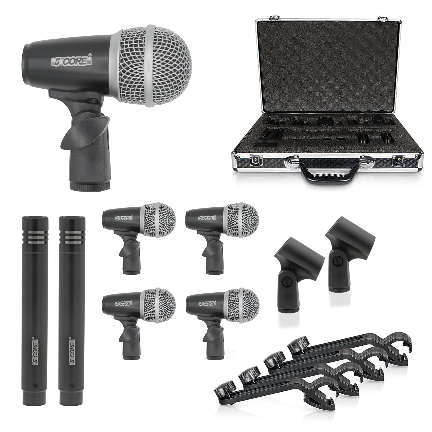 5Core Drum Mic Kit featuring 7 dynamic microphones for kick, tom, snare, and overhead recording, all housed in a protective carry case.