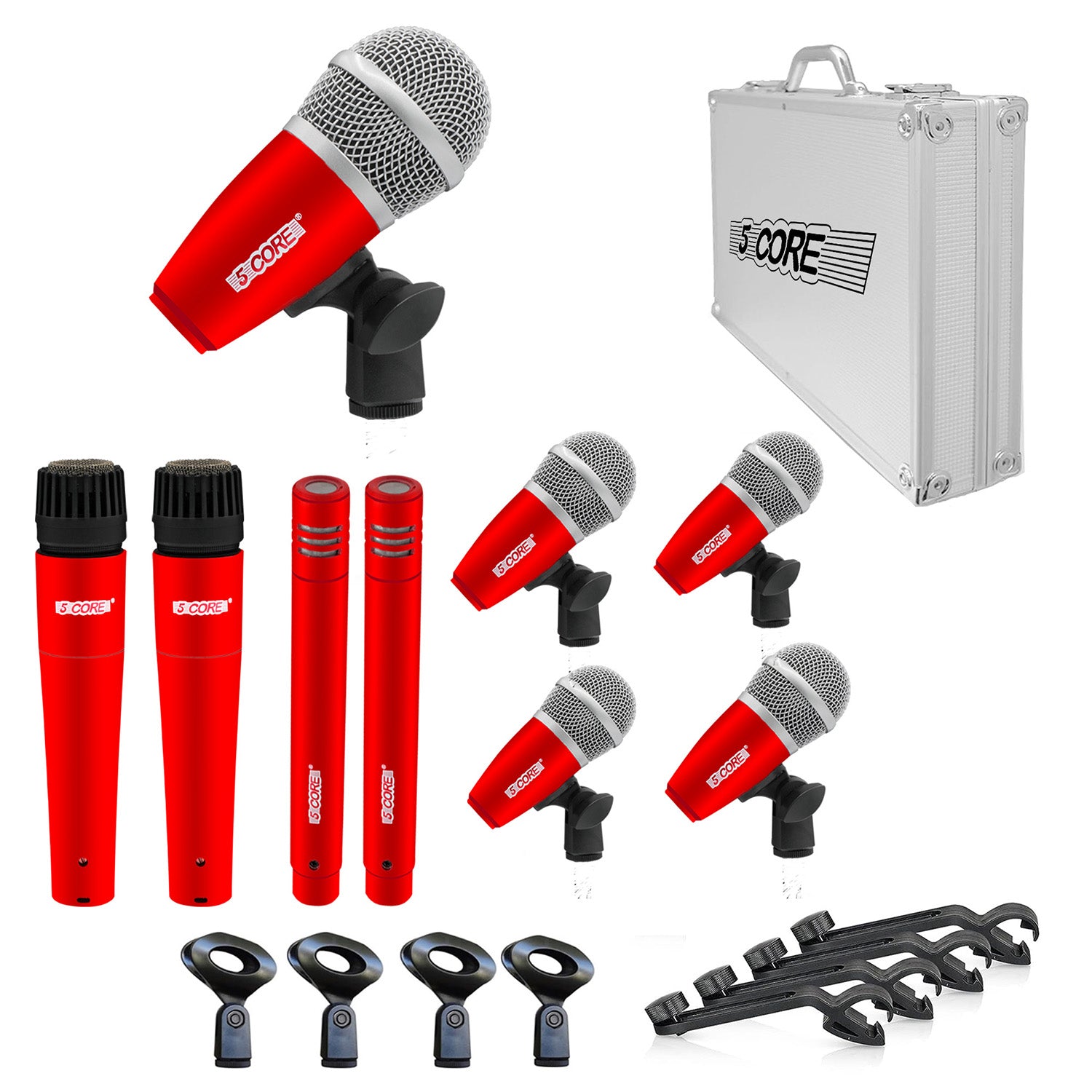 5Core Drum Mic Kit featuring 9 dynamic microphones for kick, tom, snare, and overhead instruments, all in a protective carry case.