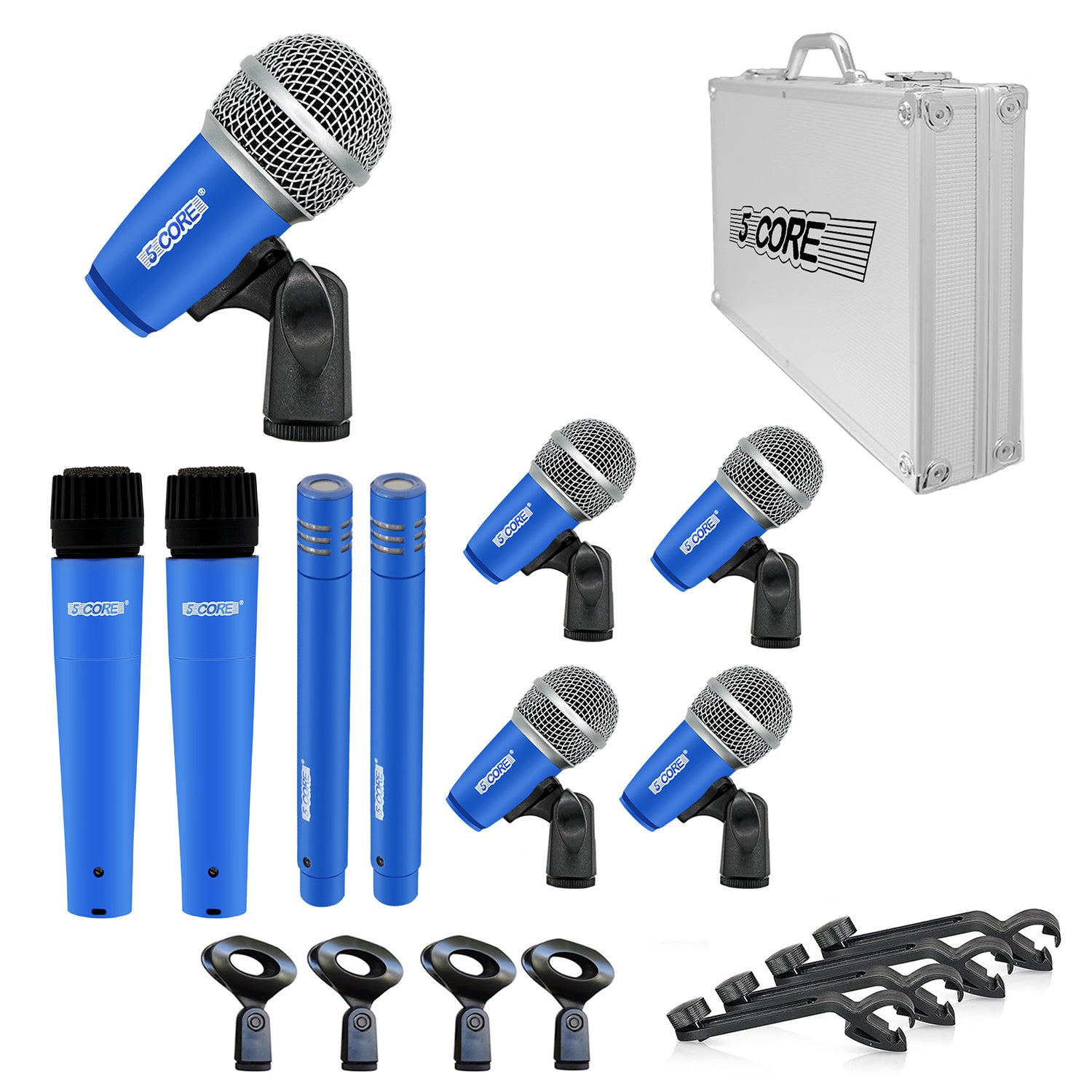 5Core Drum Mic Kit featuring 9 dynamic microphones for kick, tom, snare, and overhead instruments, all in a protective carry case.