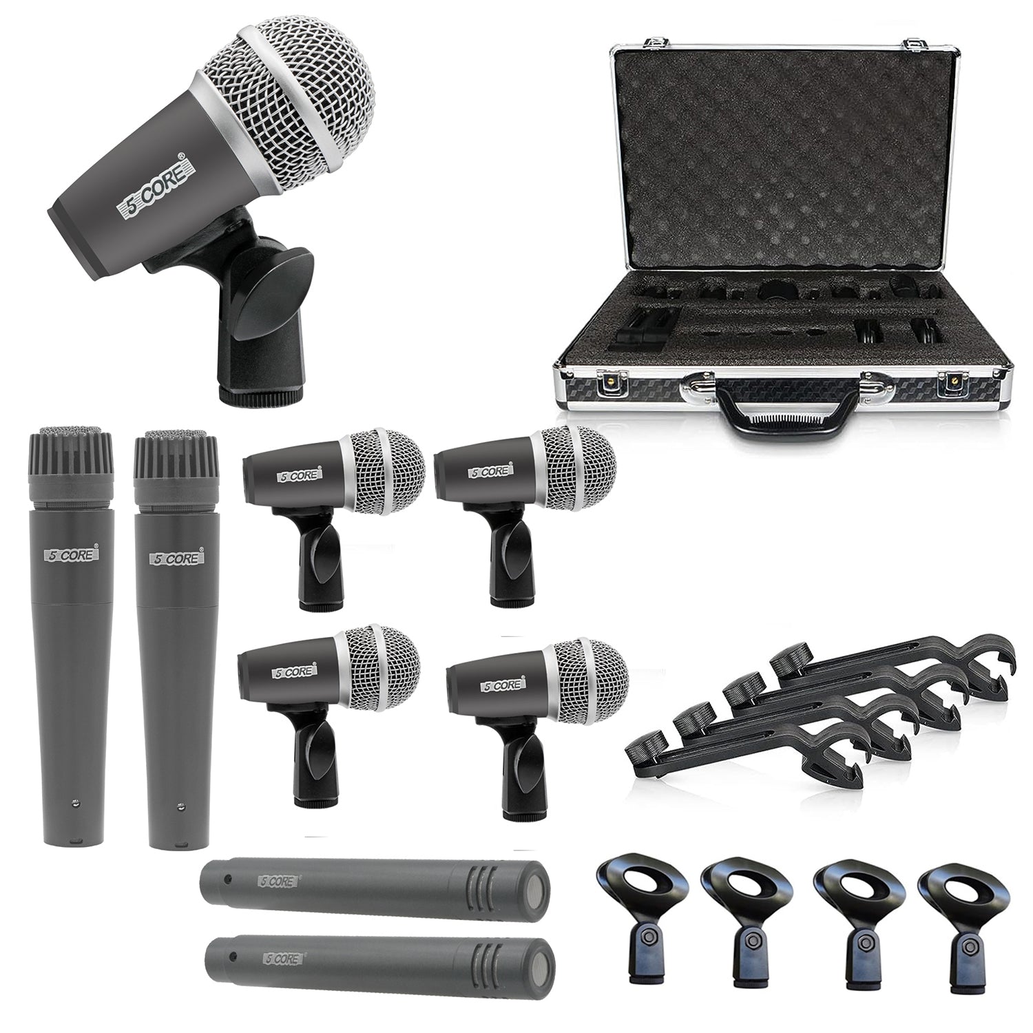 5Core Drum Mic Kit featuring 9 dynamic microphones for kick, tom, snare, and overhead instruments, all in a protective carry case.