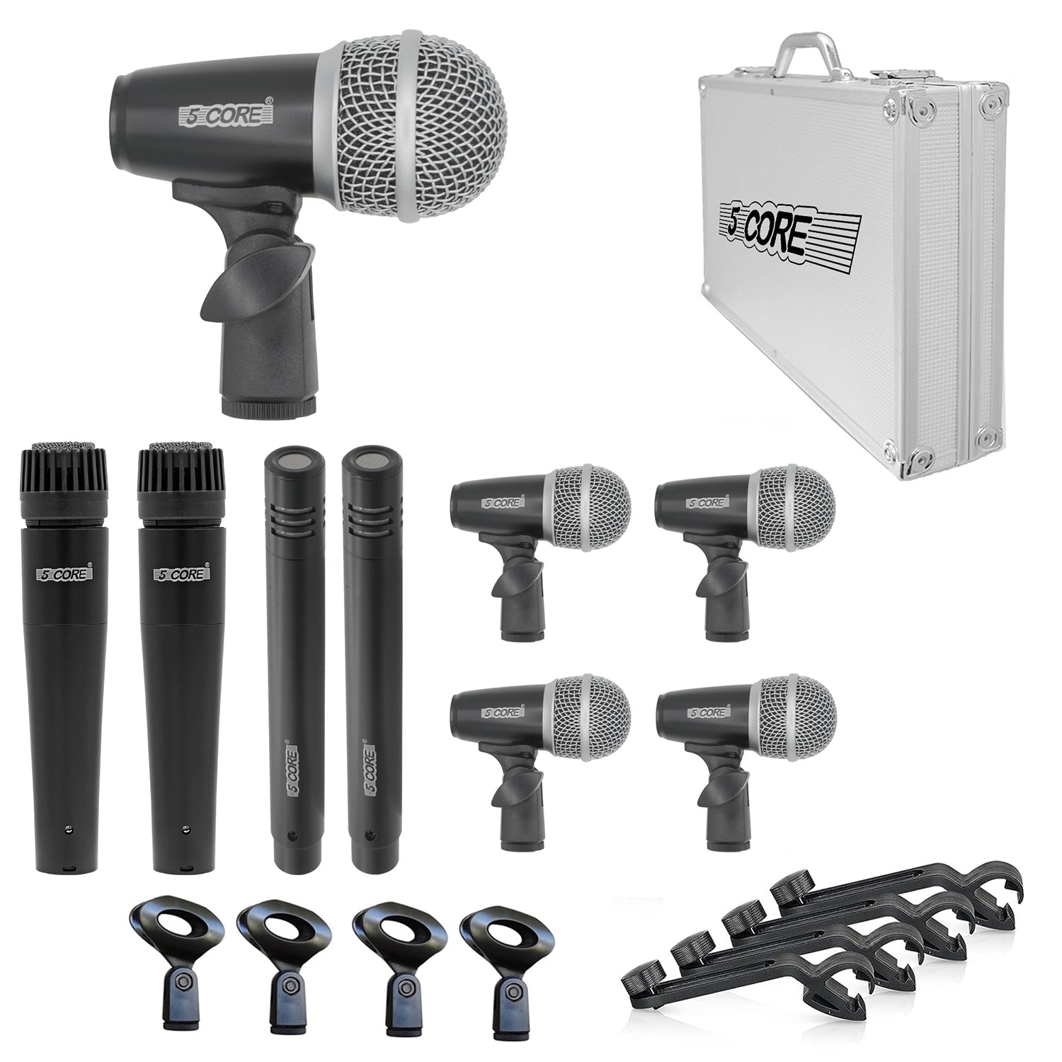 5Core Drum Mic Kit featuring 9 dynamic microphones for kick, tom, snare, and overhead instruments, all in a protective carry case.