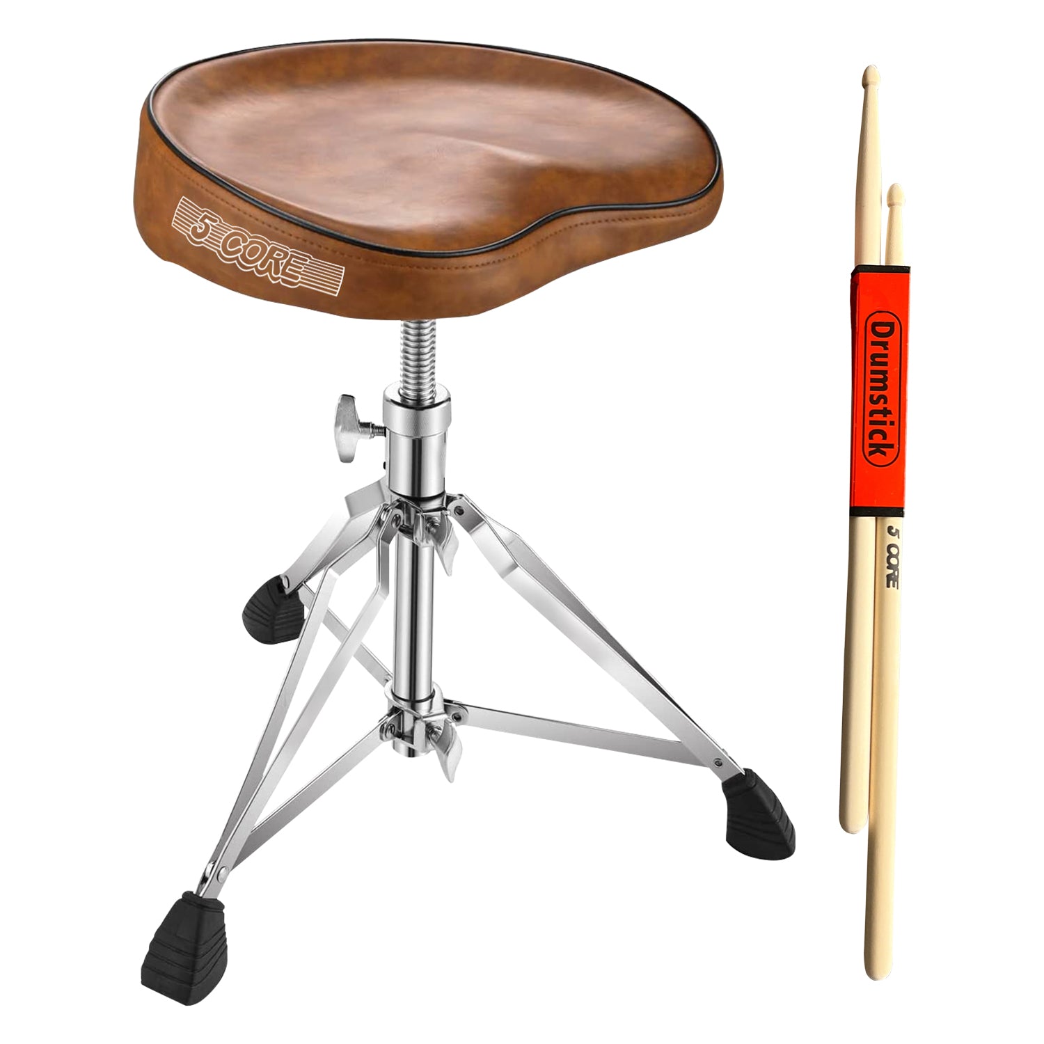 5Core Drum Throne featuring a padded moon-shaped seat, double-braced metal legs, and anti-slip rubber feet for stability.