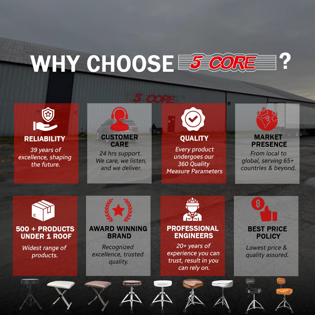 5Core Drum Throne featuring a padded moon-shaped seat, double-braced metal legs, and anti-slip rubber feet for stability.