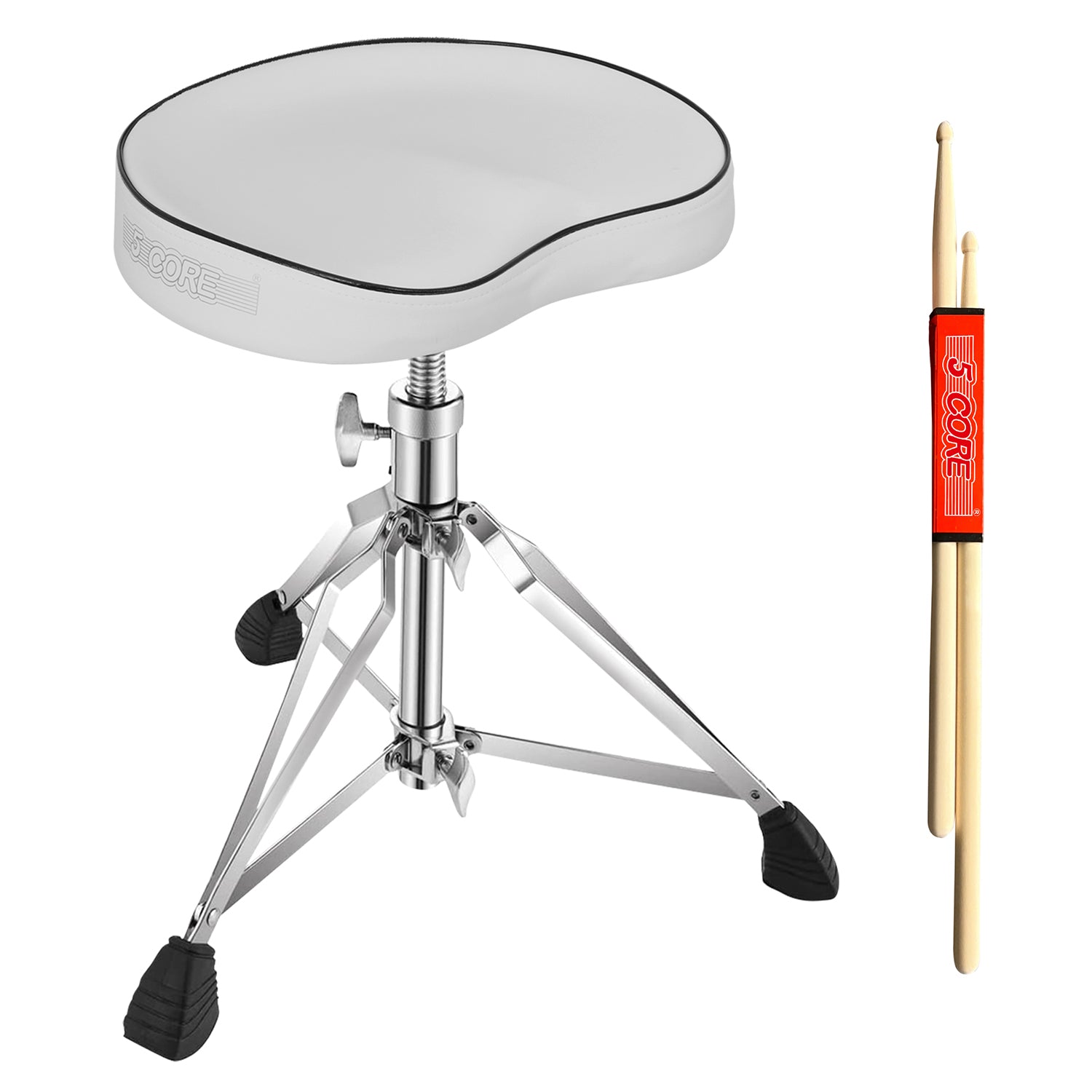 5Core Drum Throne featuring a padded moon-shaped seat, double-braced metal legs, and anti-slip rubber feet for stability.