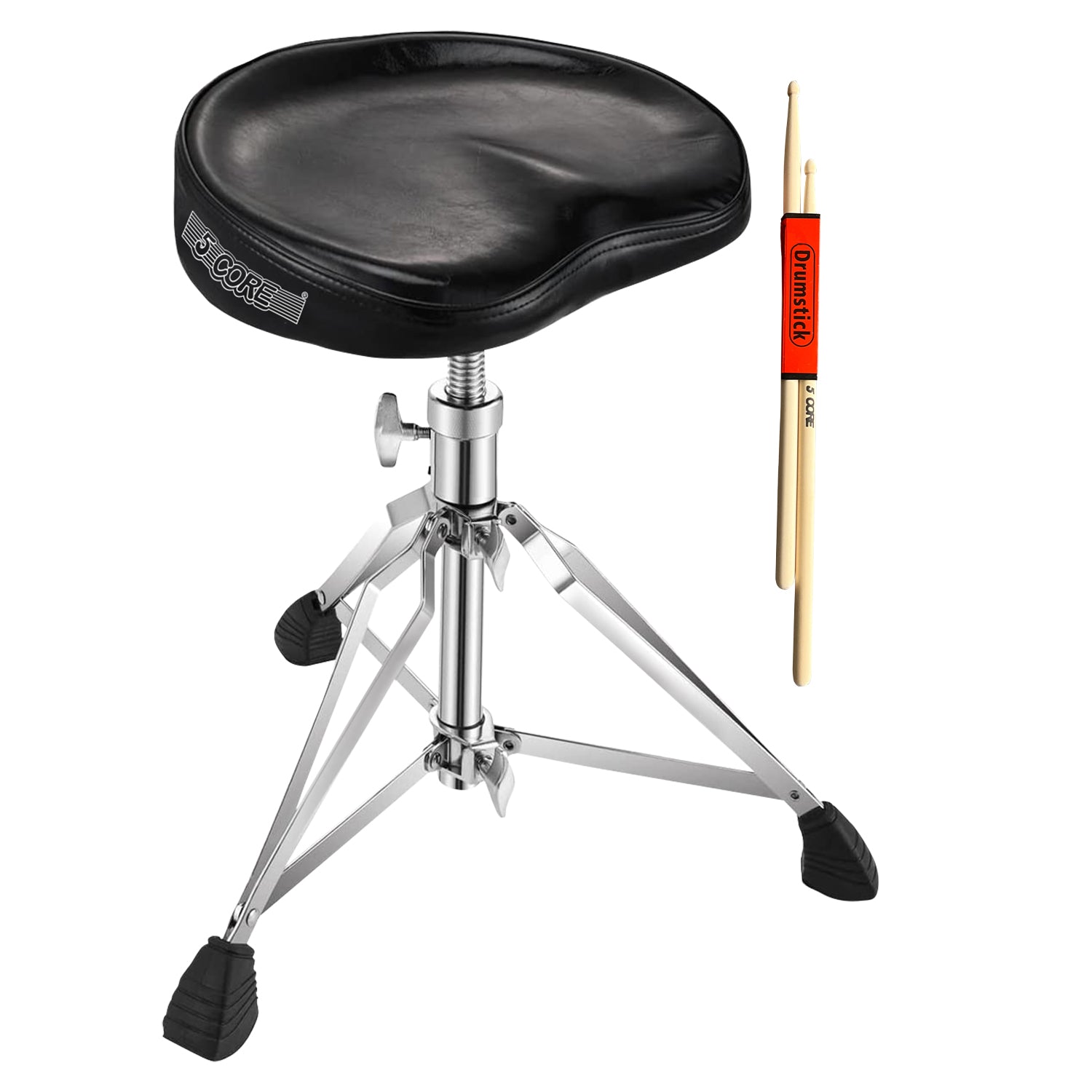 5Core Drum Throne featuring a padded moon-shaped seat, double-braced metal legs, and anti-slip rubber feet for stability.