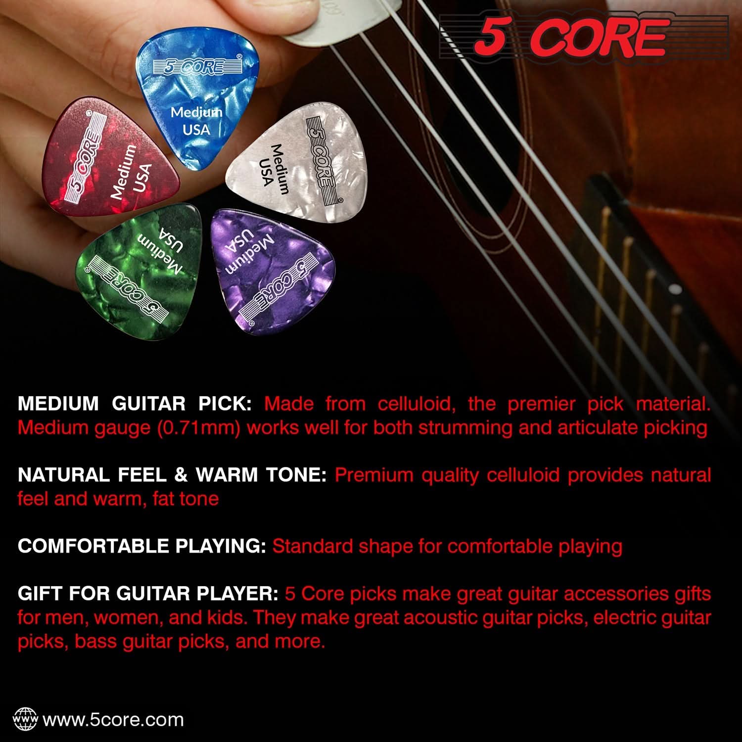 5Core Guitar Picks in various colors, showcasing their medium gauge and teardrop shape for enhanced performance.
