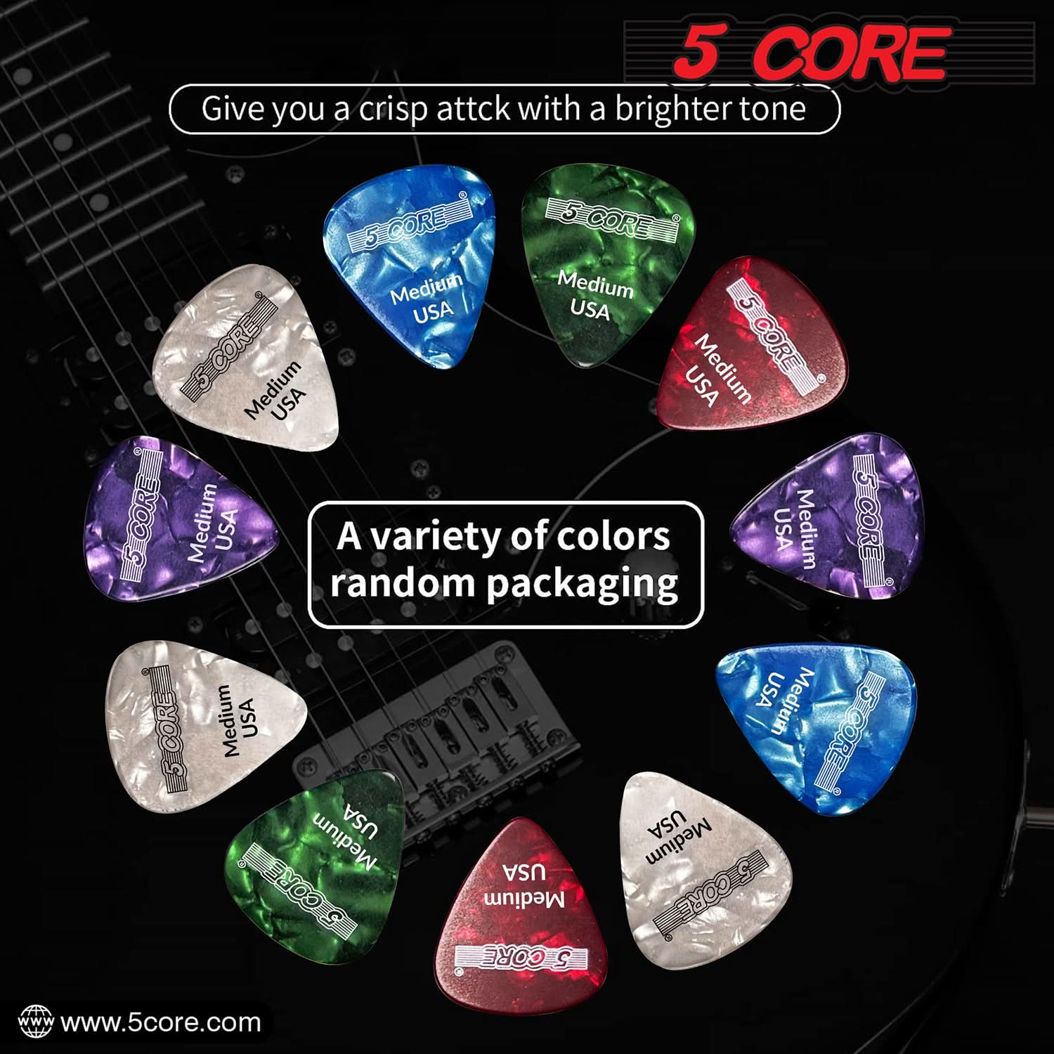 5Core Guitar Picks in various colors, showcasing their medium gauge and teardrop shape, ideal for acoustic and electric guitars.