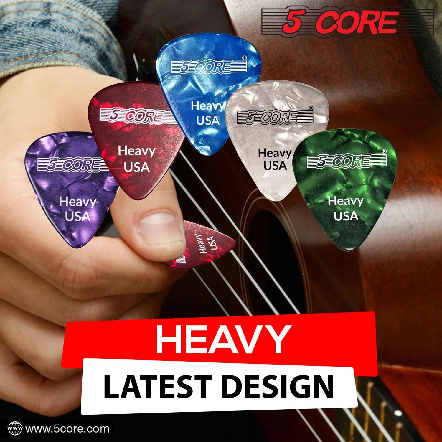 5Core Guitar Picks in various colors, showcasing their heavy gauge and teardrop shape for enhanced performance.