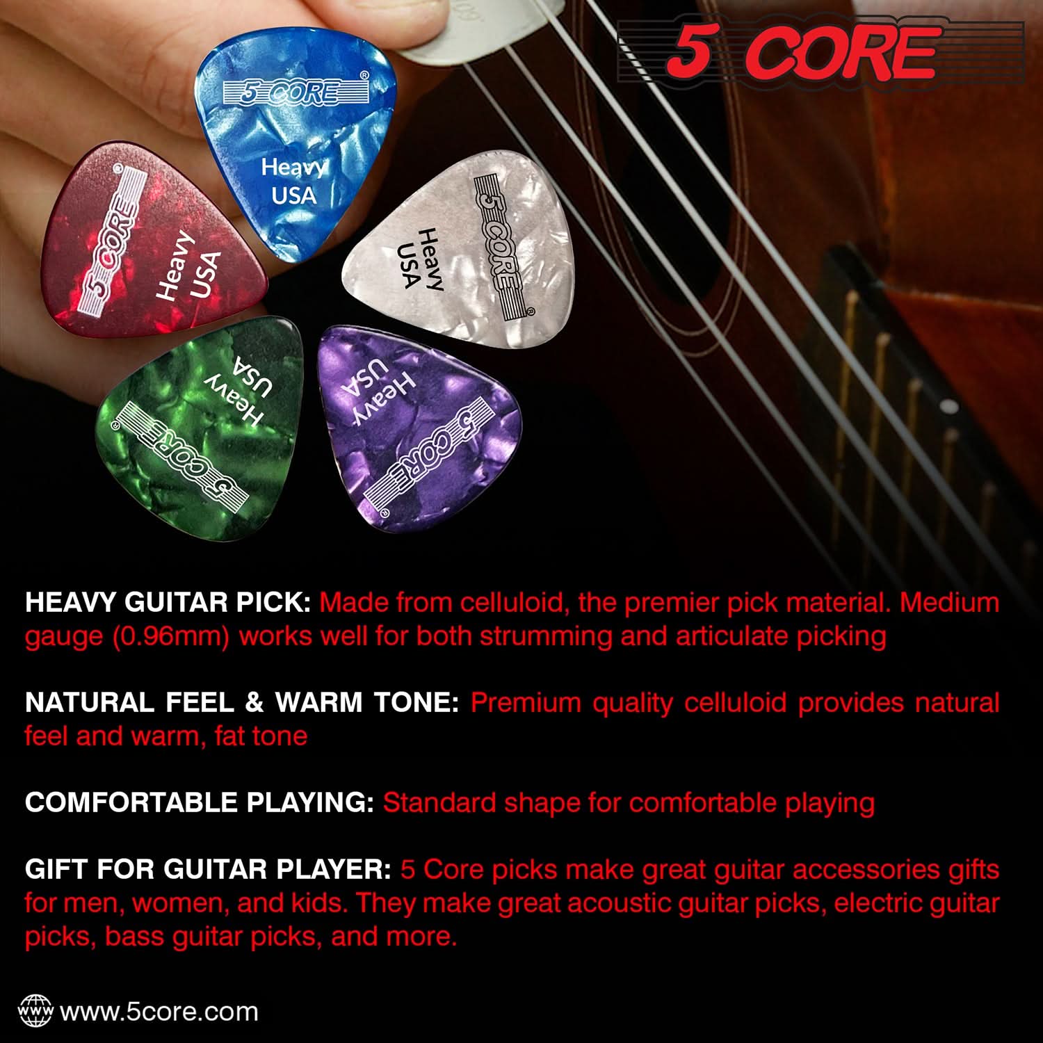 5Core Guitar Picks in various colors, showcasing their heavy gauge and teardrop shape for enhanced performance.