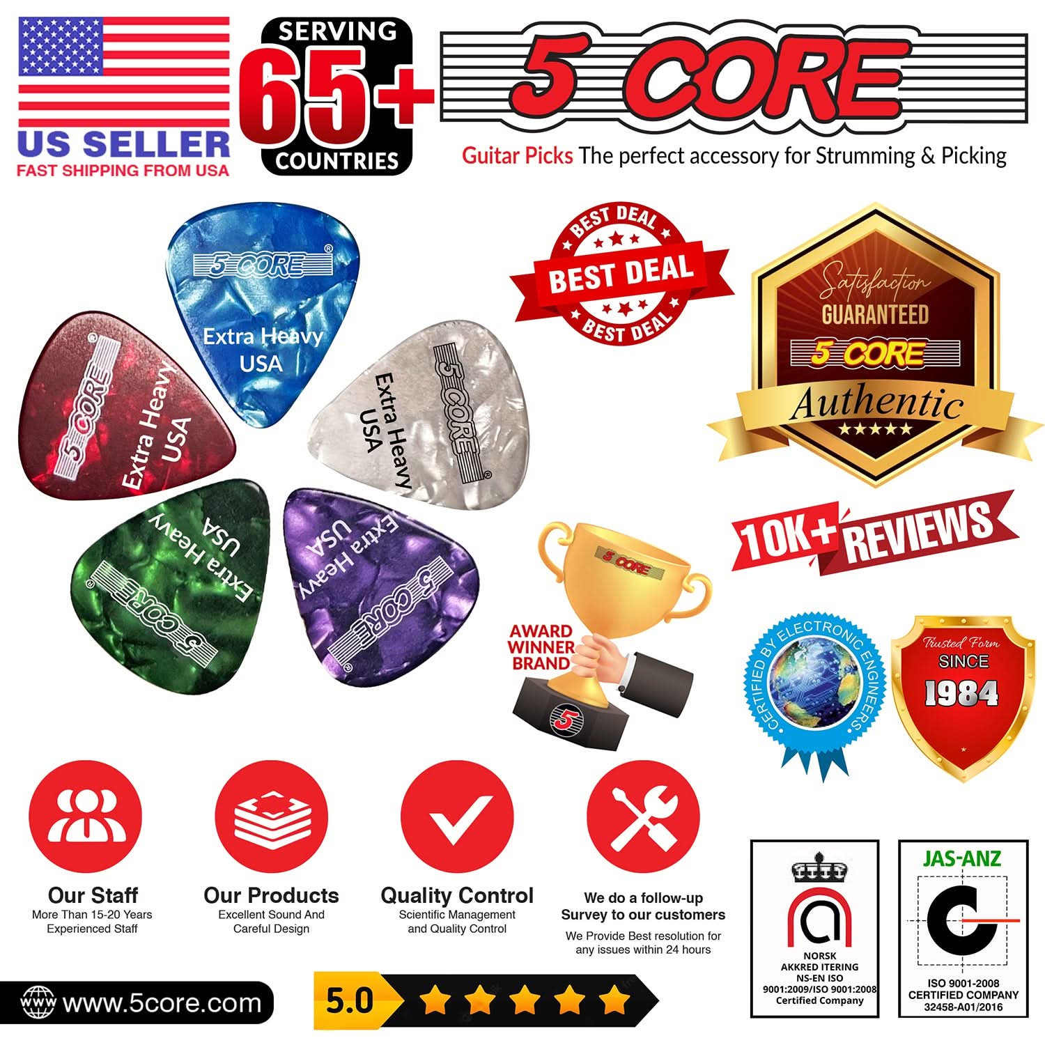 5Core Guitar Picks in various colors, showcasing their teardrop shape and textured grip for enhanced performance.