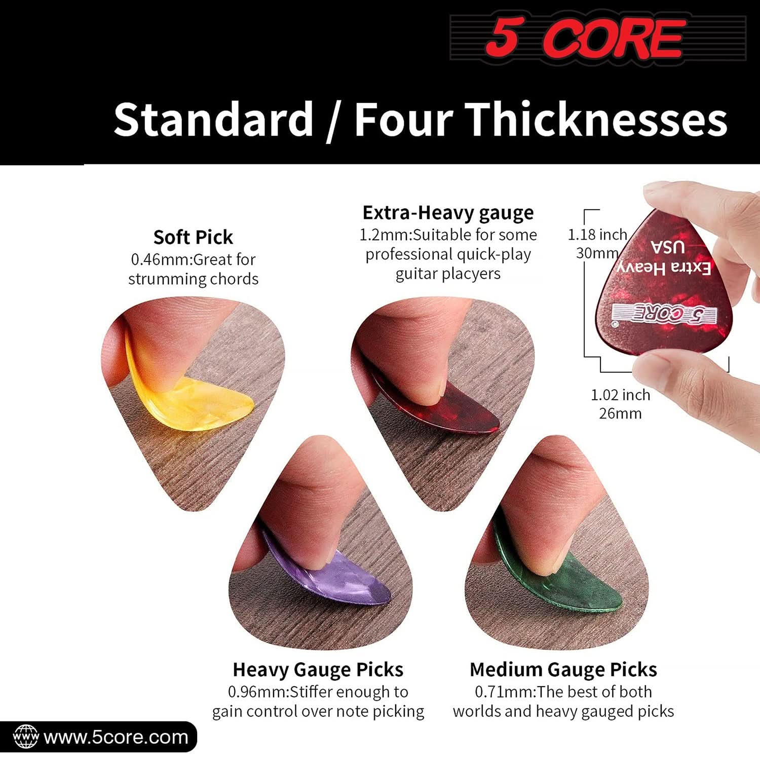 5Core Guitar Picks in various colors, showcasing their teardrop shape and textured grip for enhanced performance.