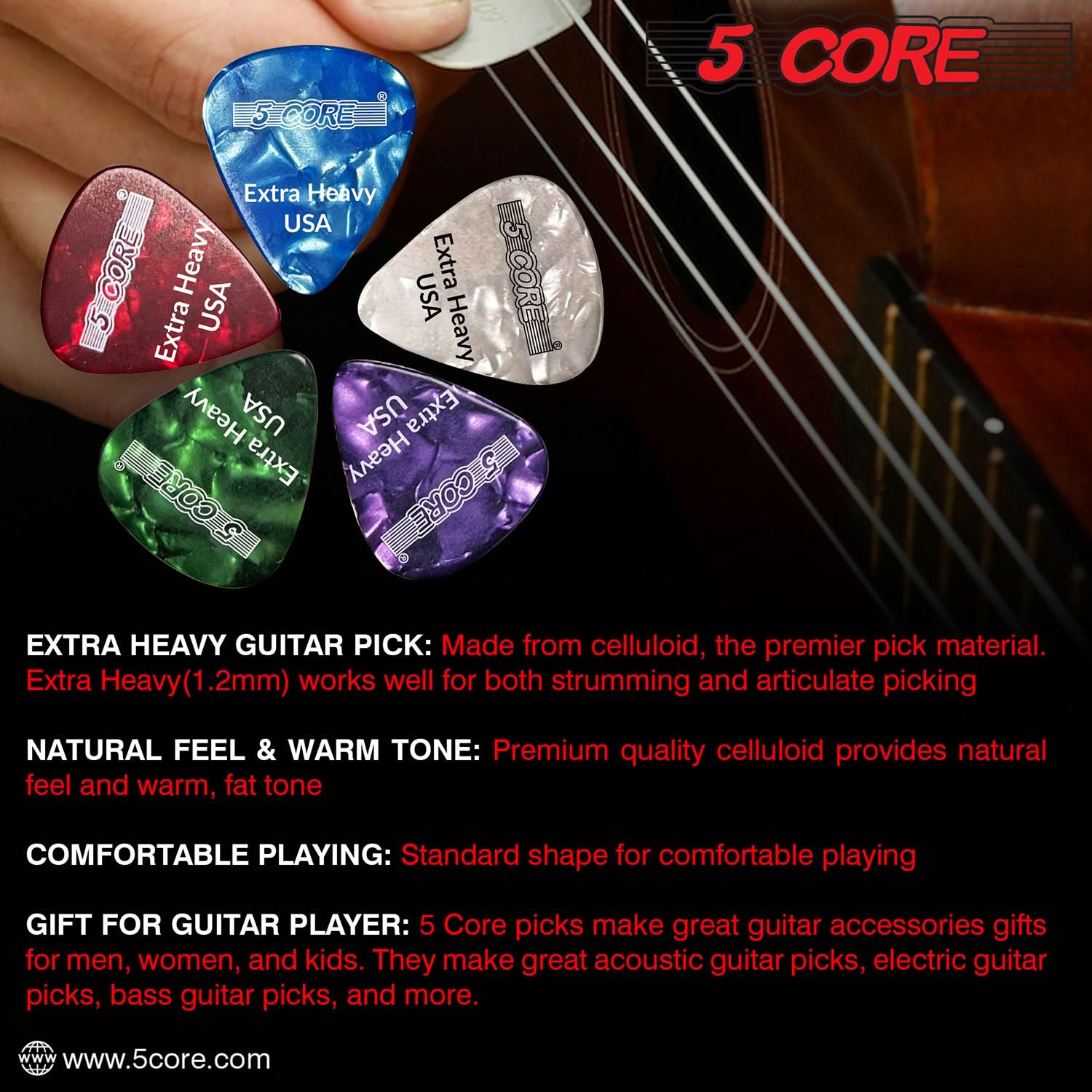 5Core Guitar Picks in various colors, showcasing their teardrop shape and textured grip for enhanced performance.