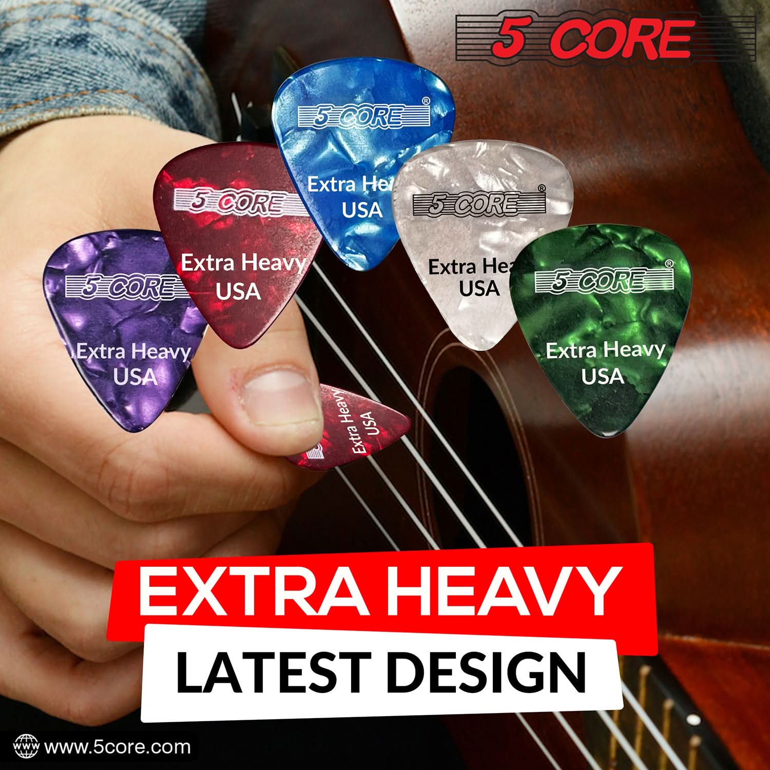 5Core Guitar Picks in various colors, showcasing their teardrop shape and textured grip for enhanced performance.