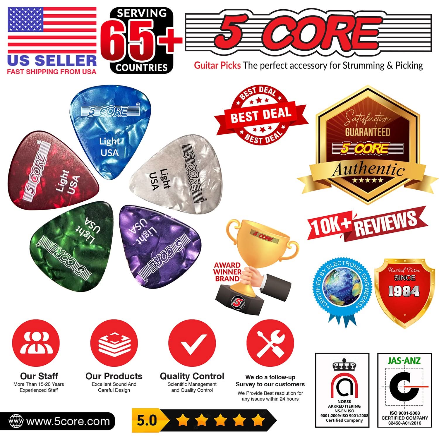 5Core Guitar Picks in various colors, showcasing their light gauge and teardrop shape for optimal performance.