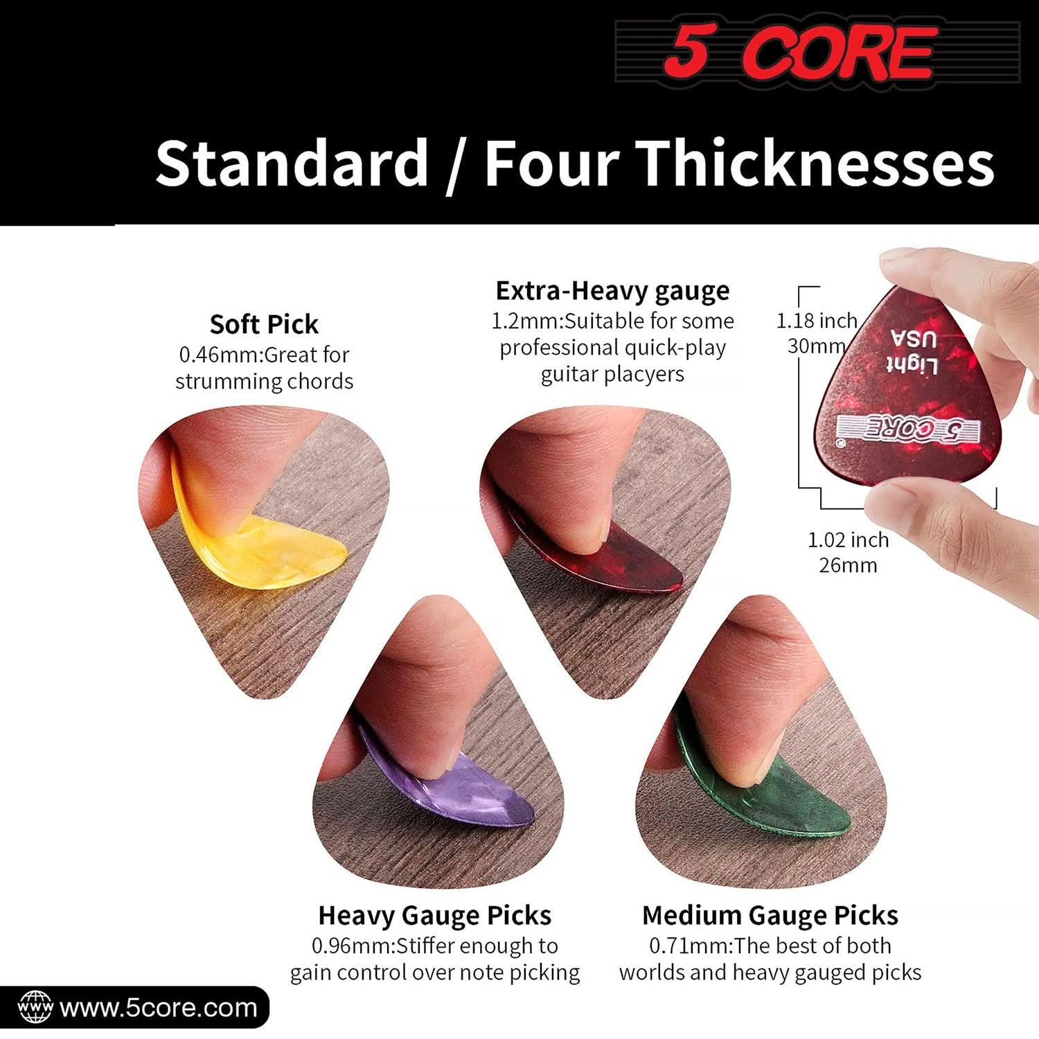 5Core Guitar Picks in various colors, showcasing their light gauge and teardrop shape for optimal performance.