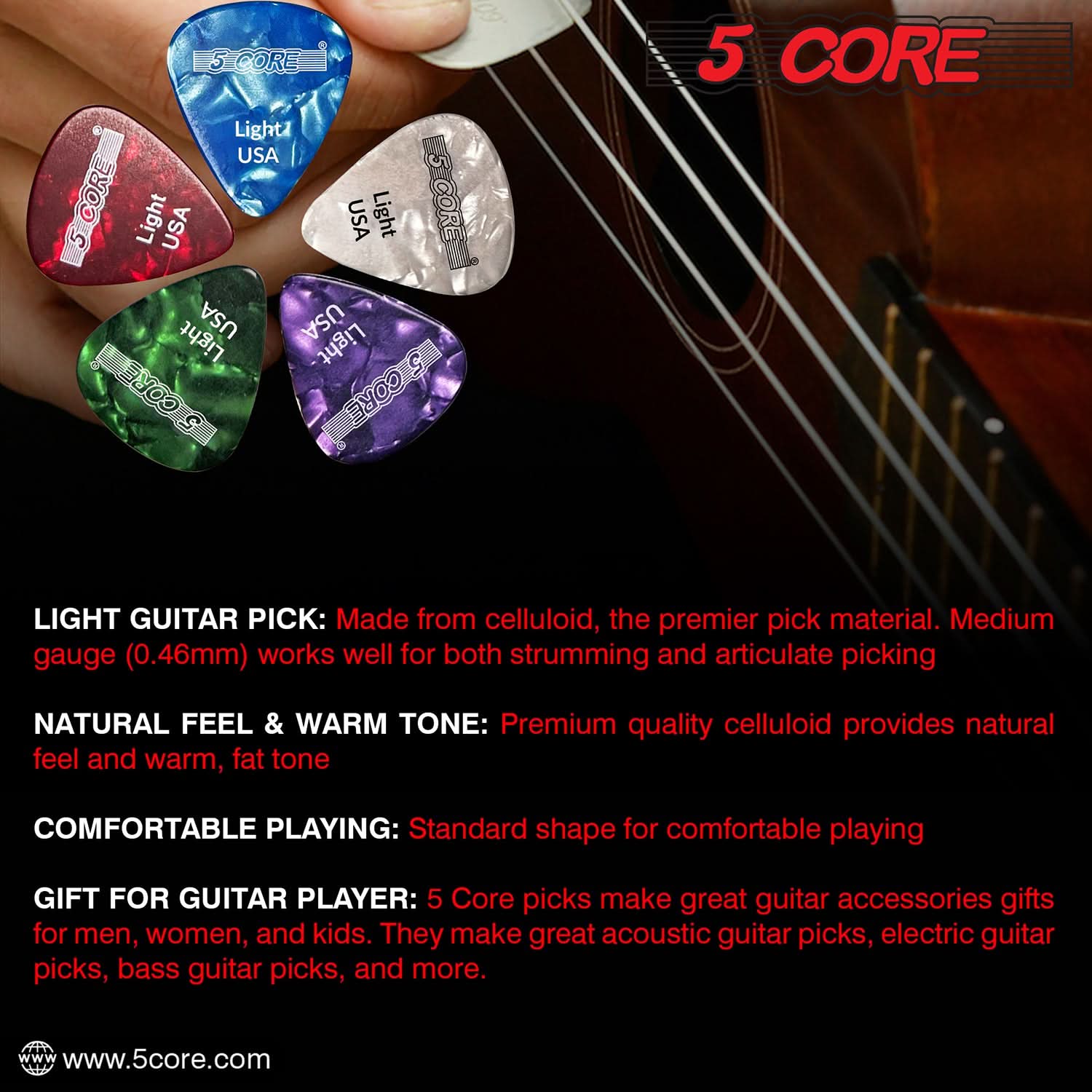 5Core Guitar Picks in various colors, showcasing their light gauge and teardrop shape for optimal performance.