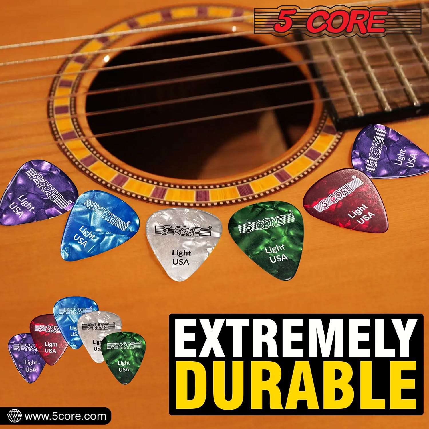 5Core Guitar Picks in various colors, showcasing their light gauge and teardrop shape for optimal performance.