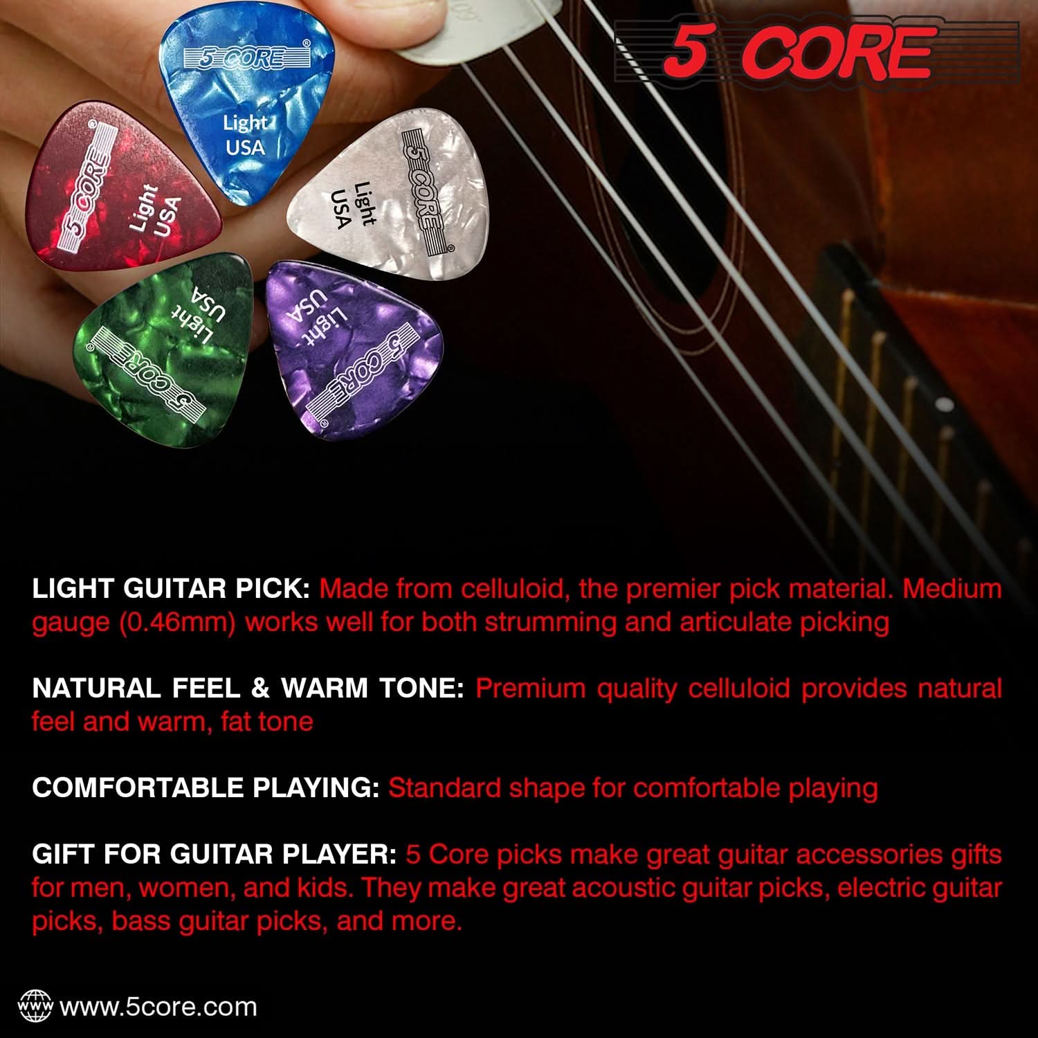 5Core Guitar Picks in purple color, showcasing a light gauge of 0.46mm, designed for acoustic guitars with a teardrop shape for comfort.