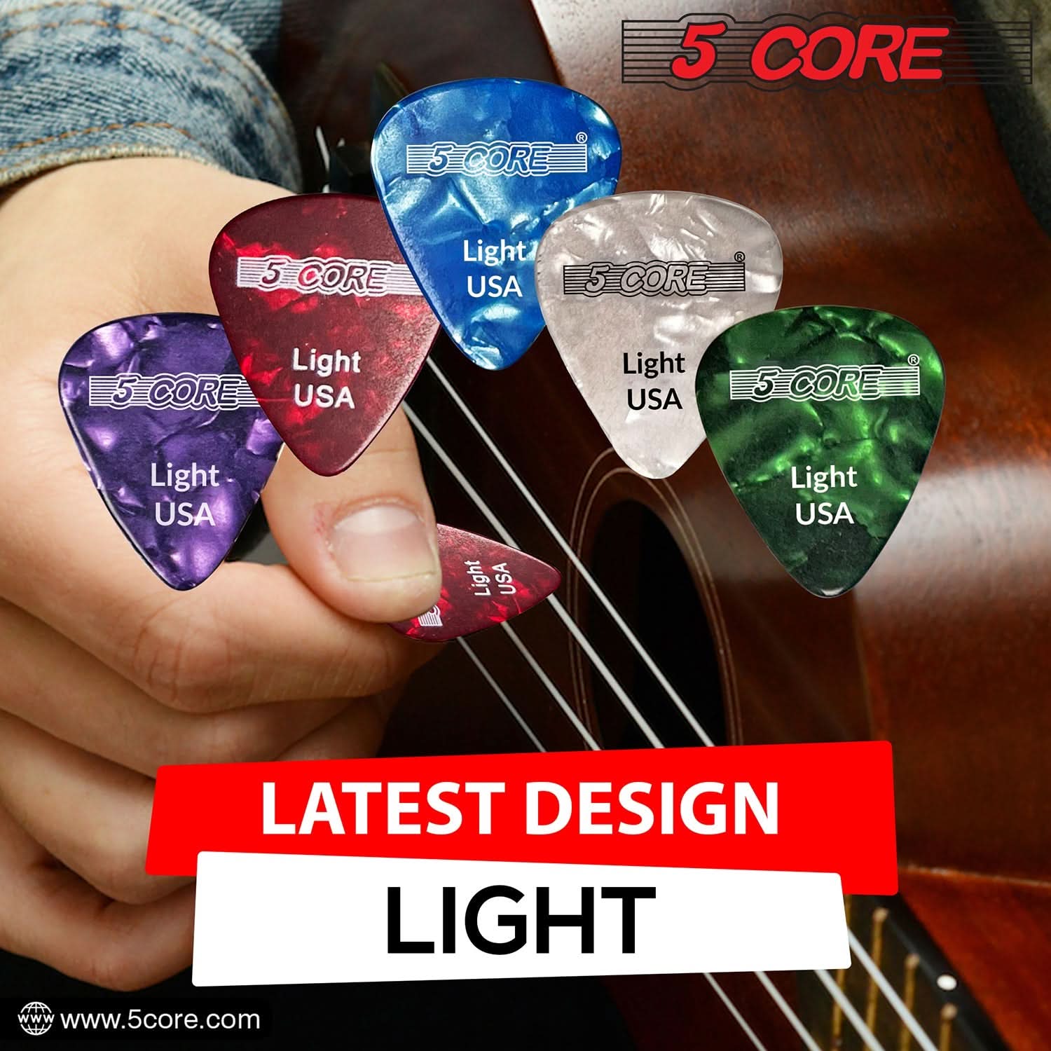 5Core Guitar Picks in purple color, showcasing a light gauge of 0.46mm, designed for acoustic guitars with a teardrop shape for comfort.