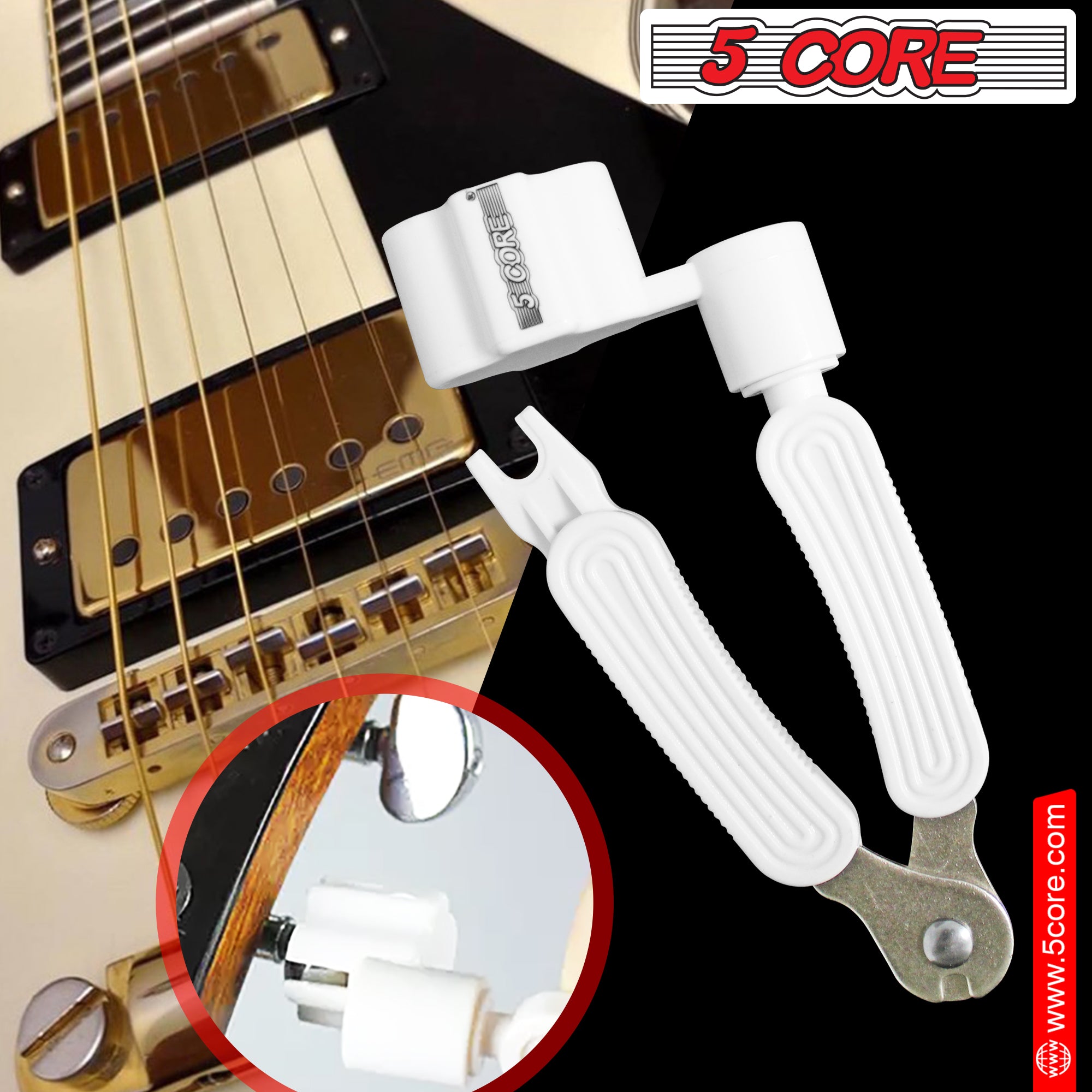 5Core Guitar String Winder Cutter Bridge Pin Remover, a versatile tool for changing guitar strings, featuring ergonomic design and built-in cutter.